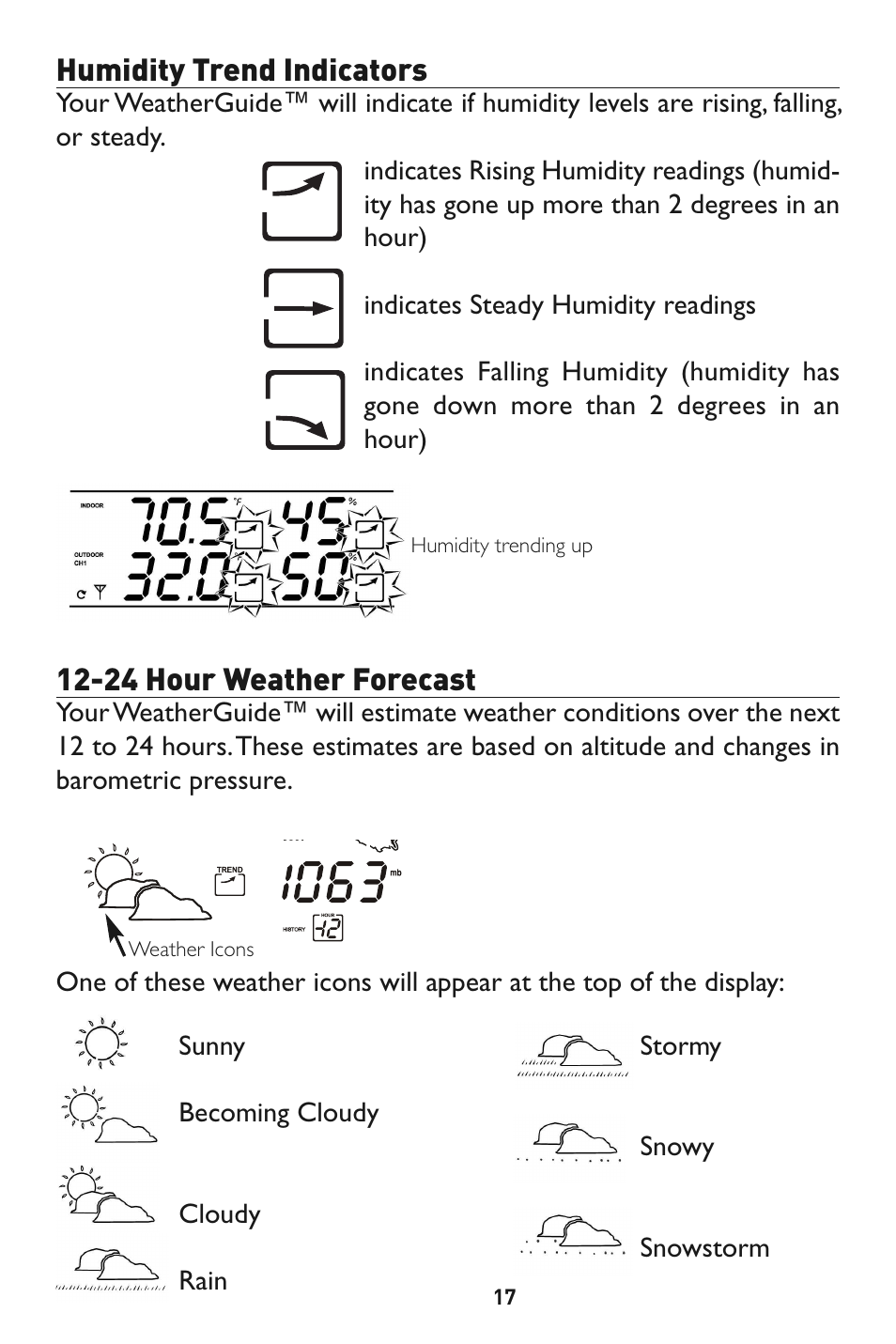 Humidity trend indicators, 24 hour weather forecast | Taylor 1527 User Manual | Page 17 / 23