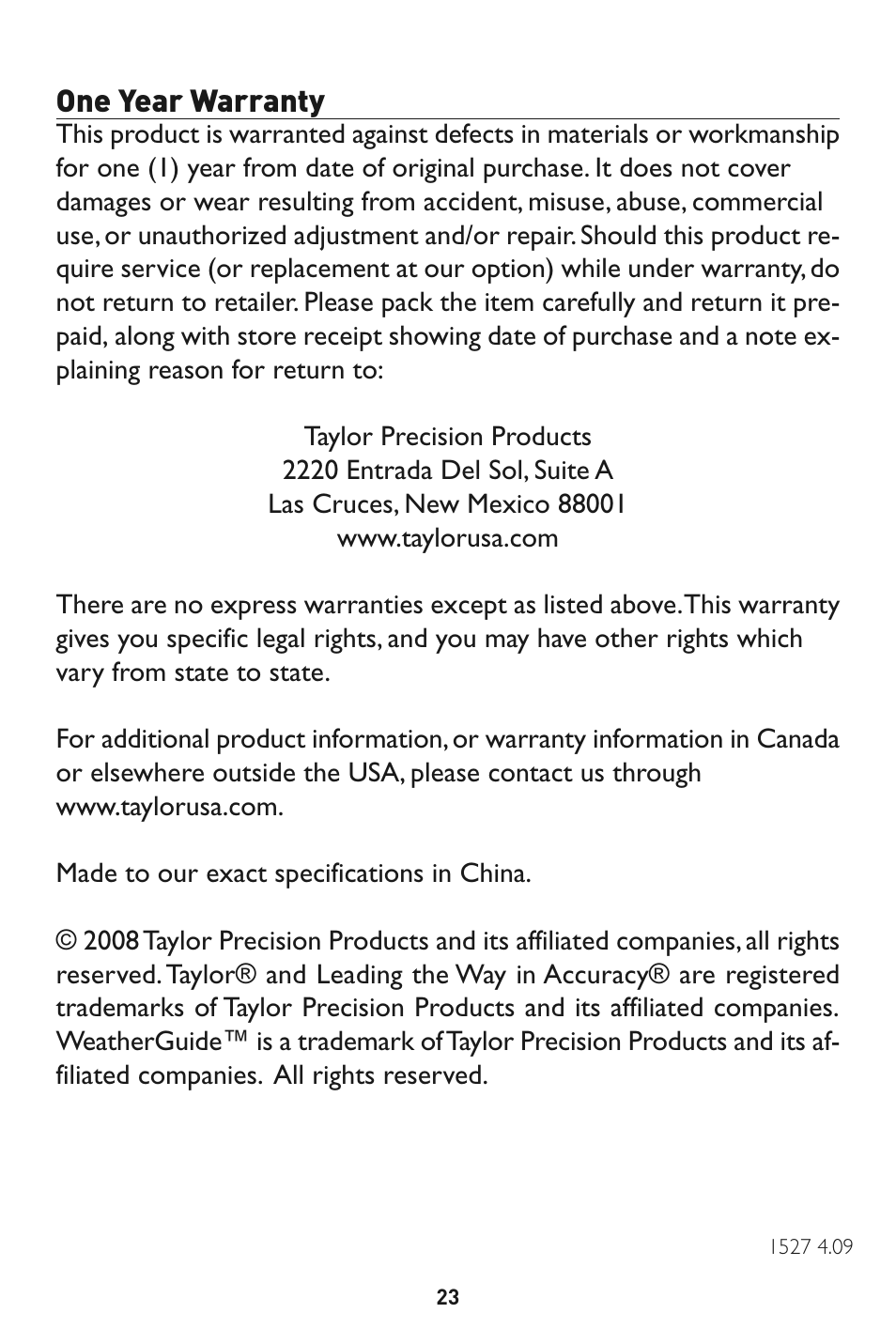 One year warranty | Taylor 1527 User Manual | Page 23 / 23