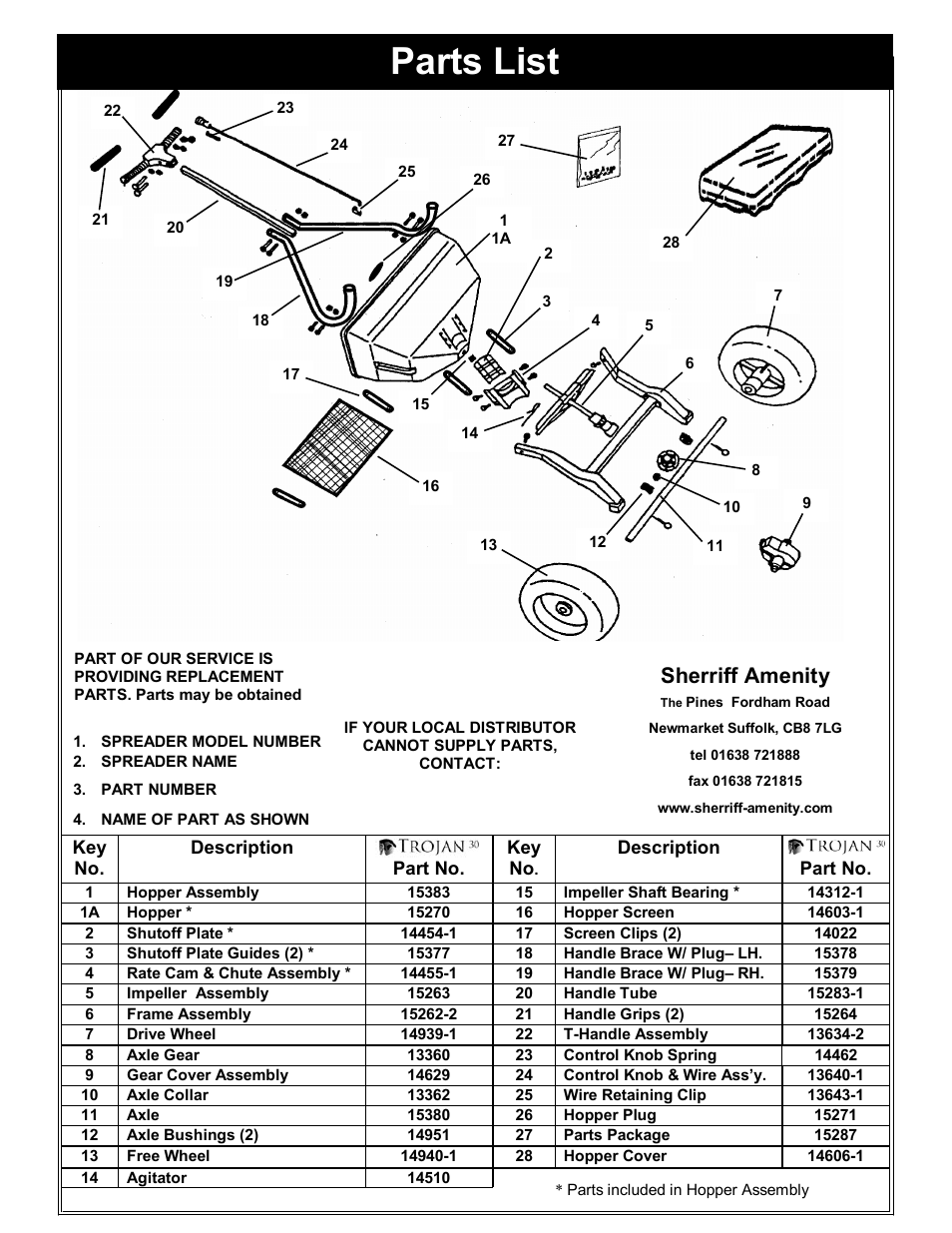 Parts list, Sherriff amenity | Trojan 30 User Manual | Page 8 / 8