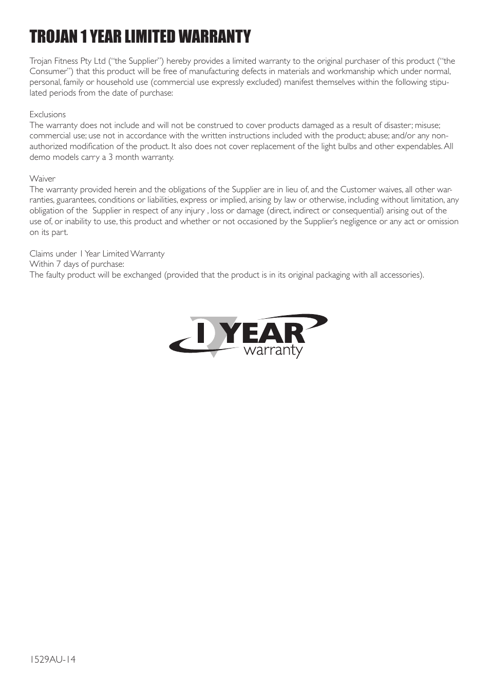 Trojan 1 year limited warranty | Trojan SOLO 200 User Manual | Page 14 / 16