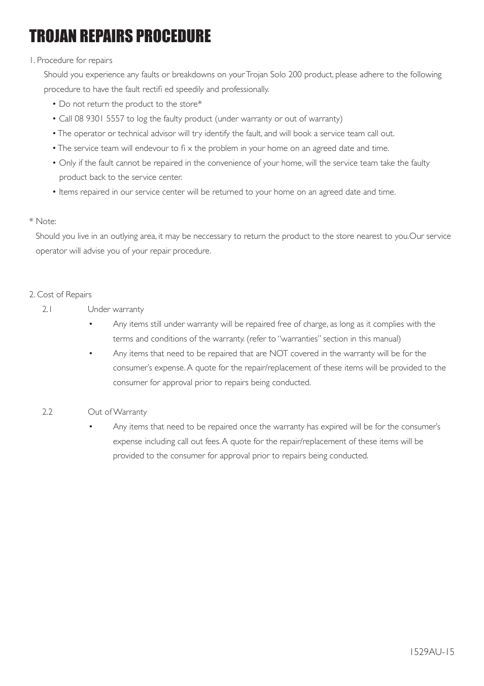 Trojan repairs procedure | Trojan SOLO 200 User Manual | Page 15 / 16