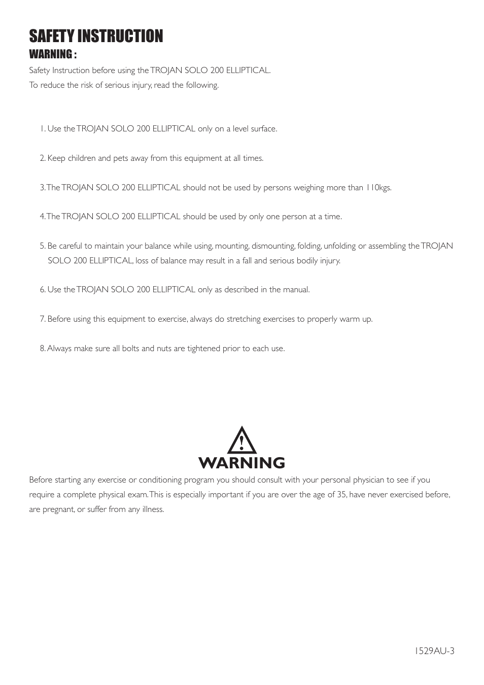Safety instruction, Warning | Trojan SOLO 200 User Manual | Page 3 / 16