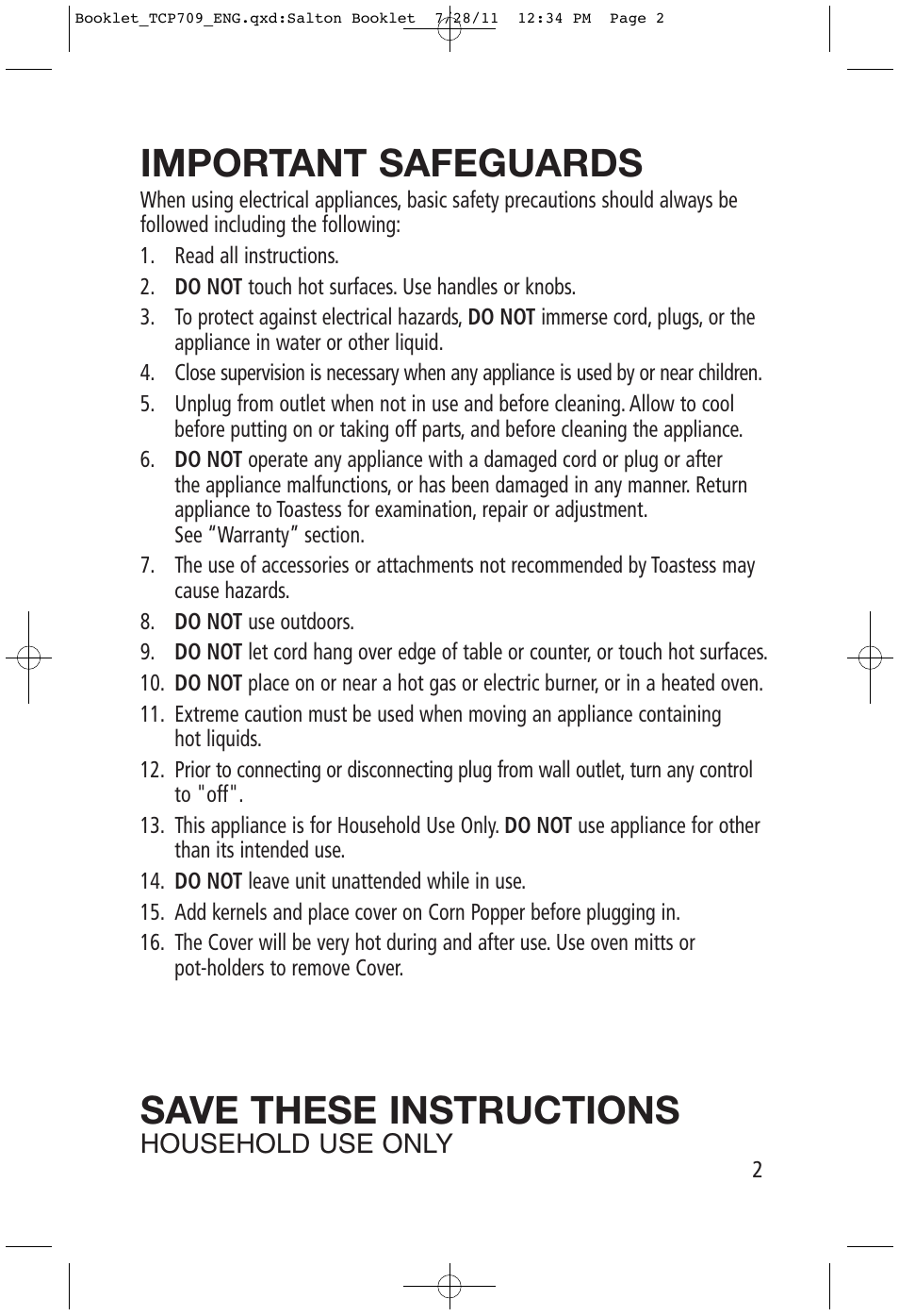 Important safeguards, Save these instructions | Toastess Hot Air TCP709 User Manual | Page 2 / 5