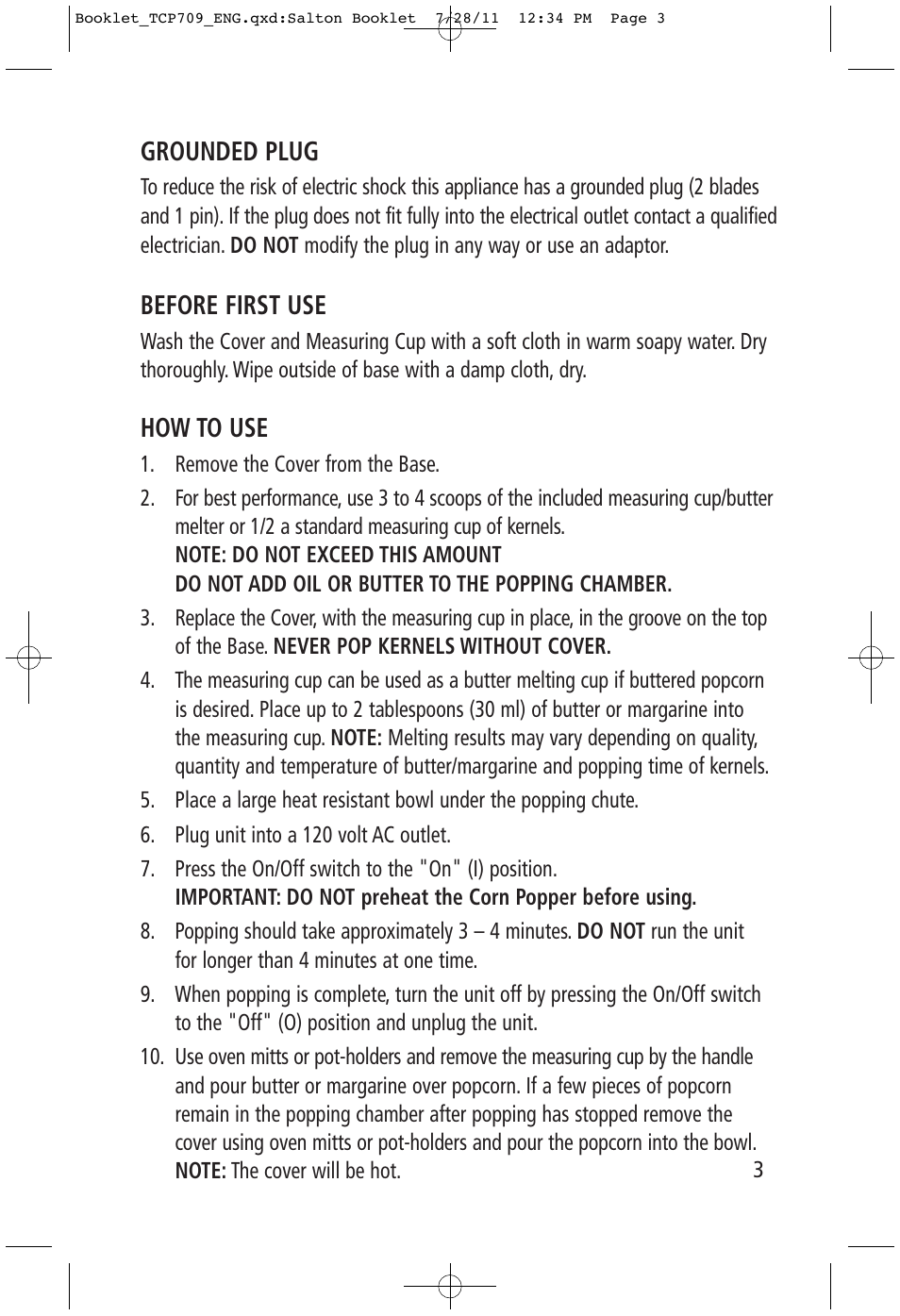 Grounded plug, Before first use, How to use | Toastess Hot Air TCP709 User Manual | Page 3 / 5