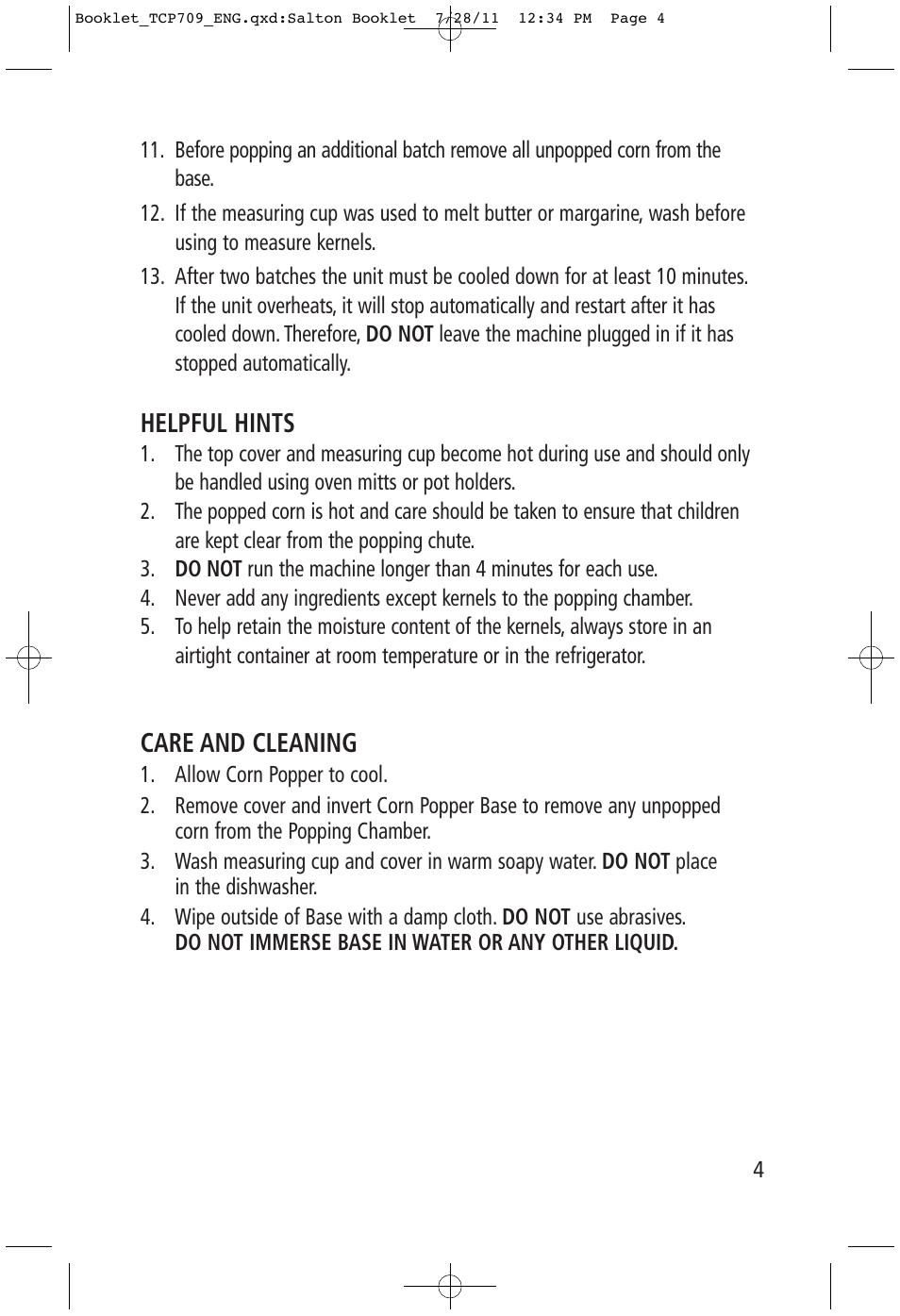 Helpful hints, Care and cleaning | Toastess Hot Air TCP709 User Manual | Page 4 / 5