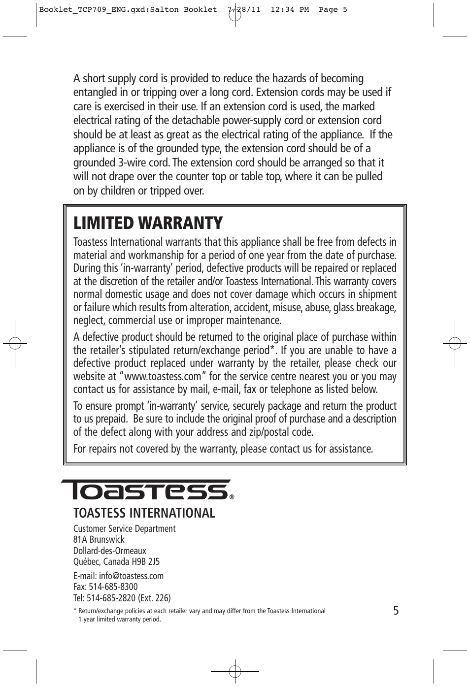 Limited warranty, Toastess international | Toastess Hot Air TCP709 User Manual | Page 5 / 5