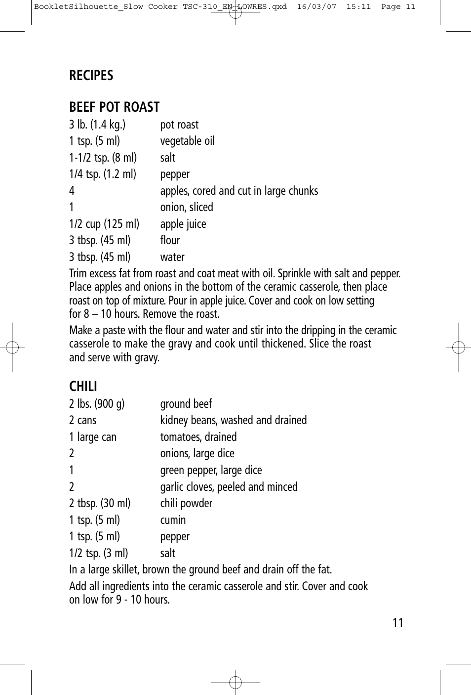 Recipes beef pot roast, Chili | Toastess Programmable TSC-310 User Manual | Page 11 / 14