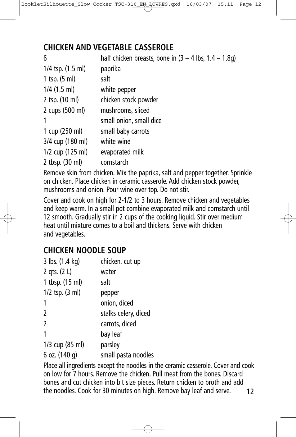 Chicken and vegetable casserole, Chicken noodle soup | Toastess Programmable TSC-310 User Manual | Page 12 / 14