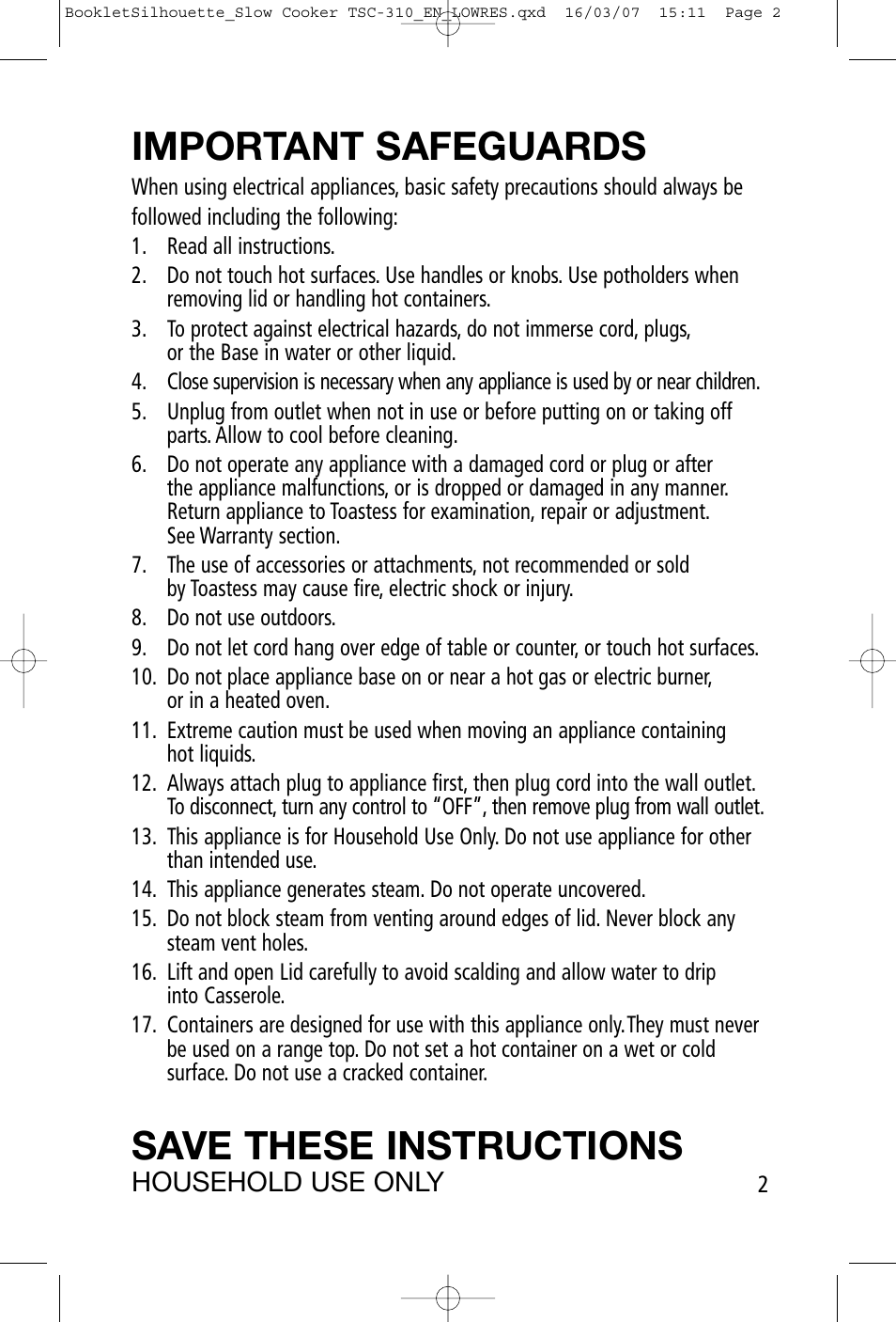 Important safeguards, Save these instructions | Toastess Programmable TSC-310 User Manual | Page 2 / 14