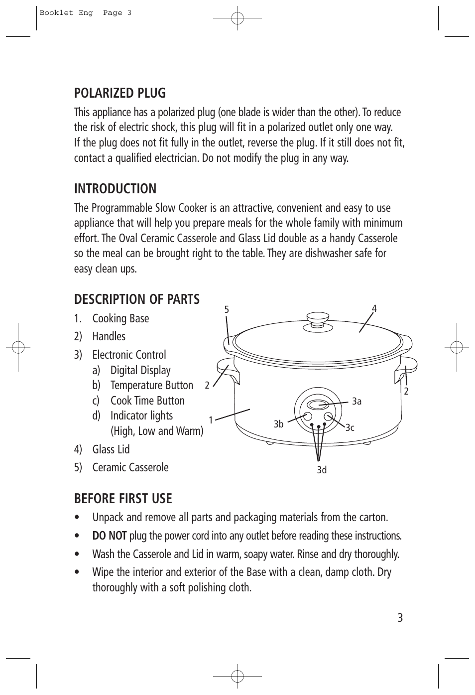 Polarized plug, Introduction, Description of parts | Before first use | Toastess Programmable TSC-310 User Manual | Page 3 / 14