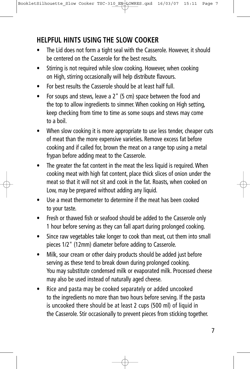 Helpful hints using the slow cooker | Toastess Programmable TSC-310 User Manual | Page 7 / 14