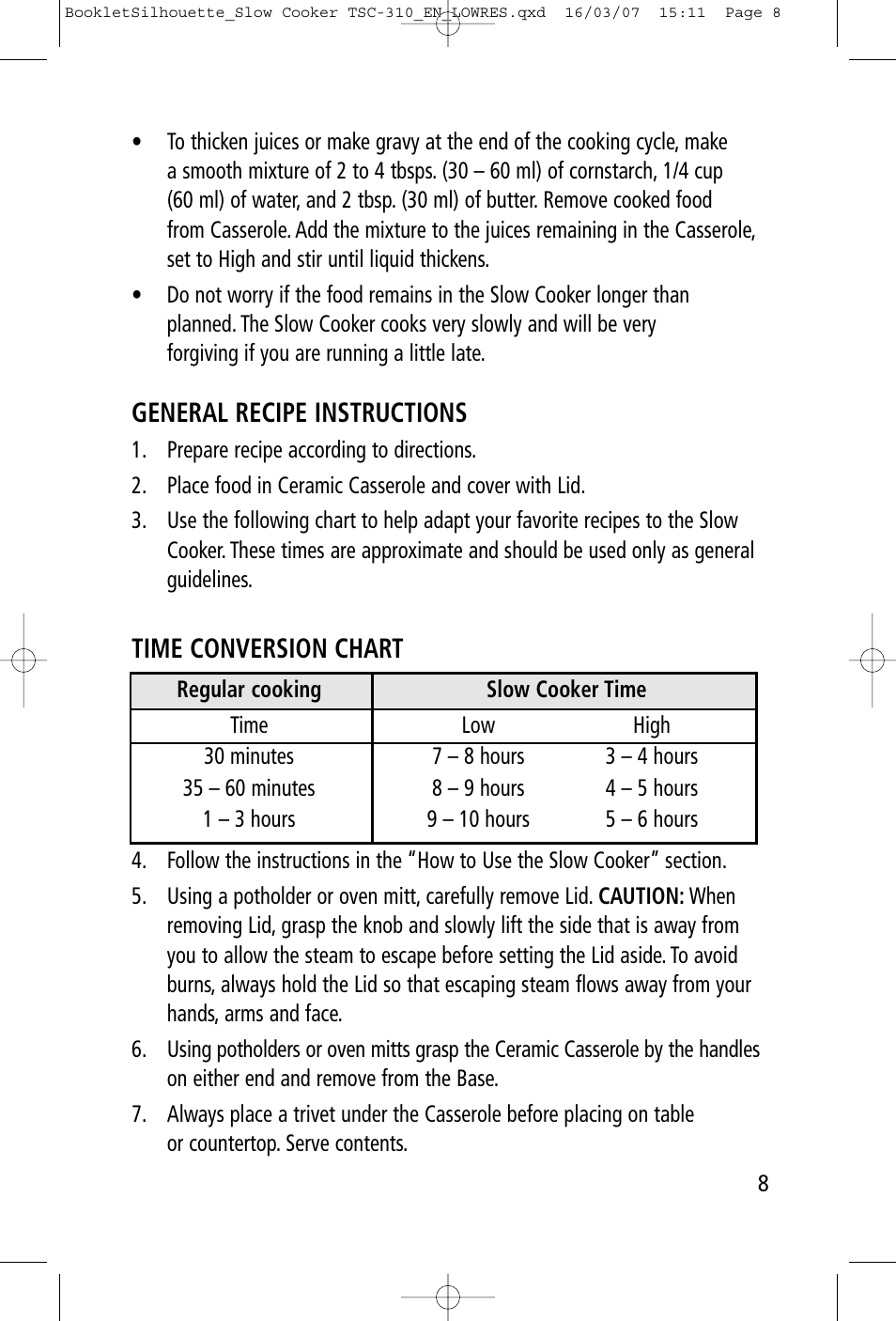 General recipe instructions, Time conversion chart | Toastess Programmable TSC-310 User Manual | Page 8 / 14