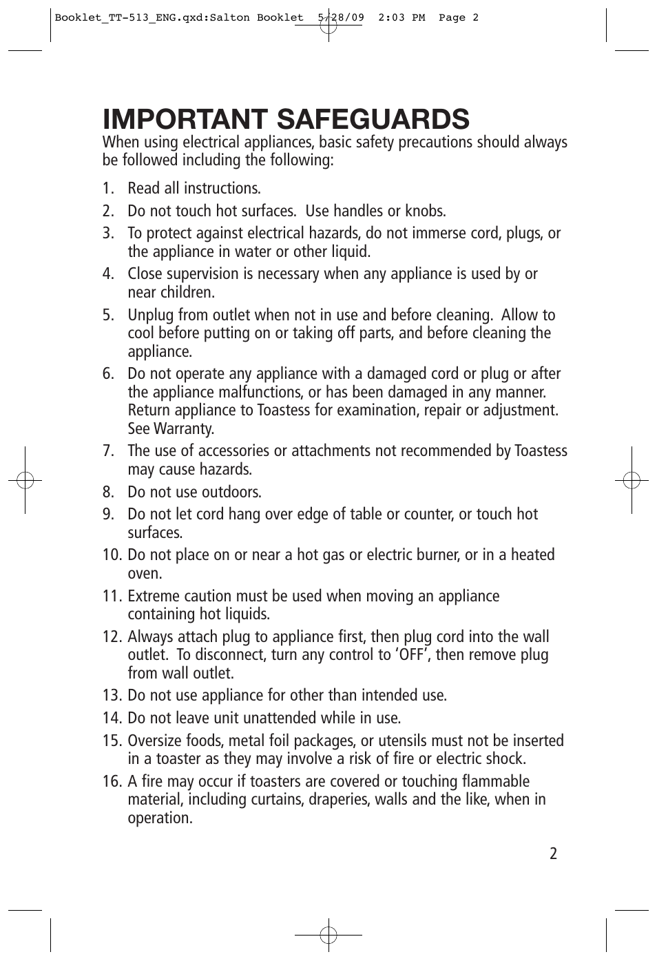 Important safeguards | Toastess Intelligent Countdown TT-513 User Manual | Page 2 / 10