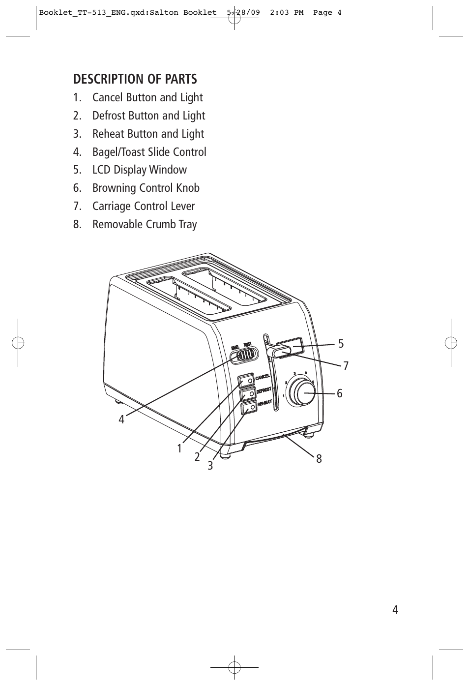 Description of parts | Toastess Intelligent Countdown TT-513 User Manual | Page 4 / 10