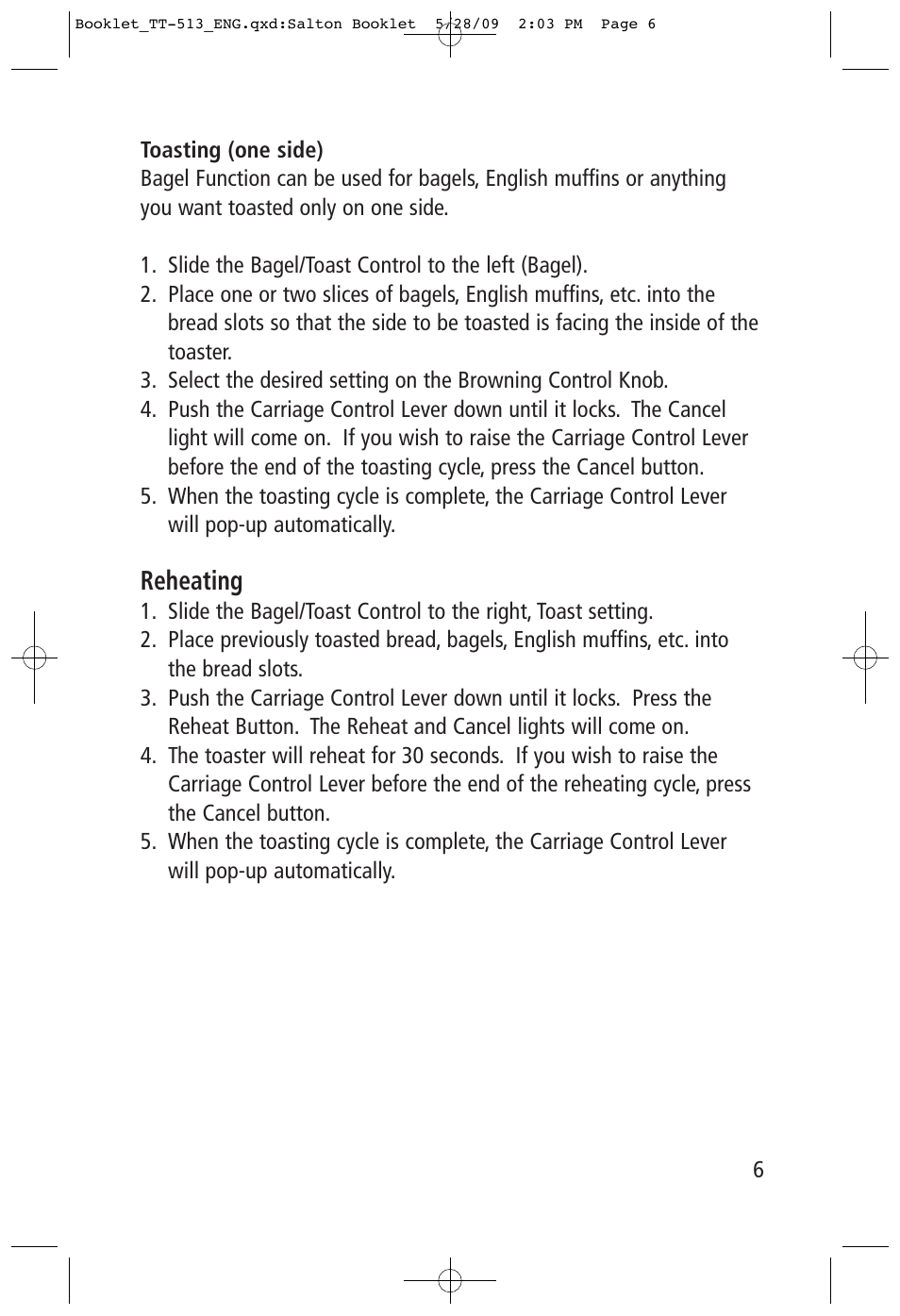 Reheating | Toastess Intelligent Countdown TT-513 User Manual | Page 6 / 10