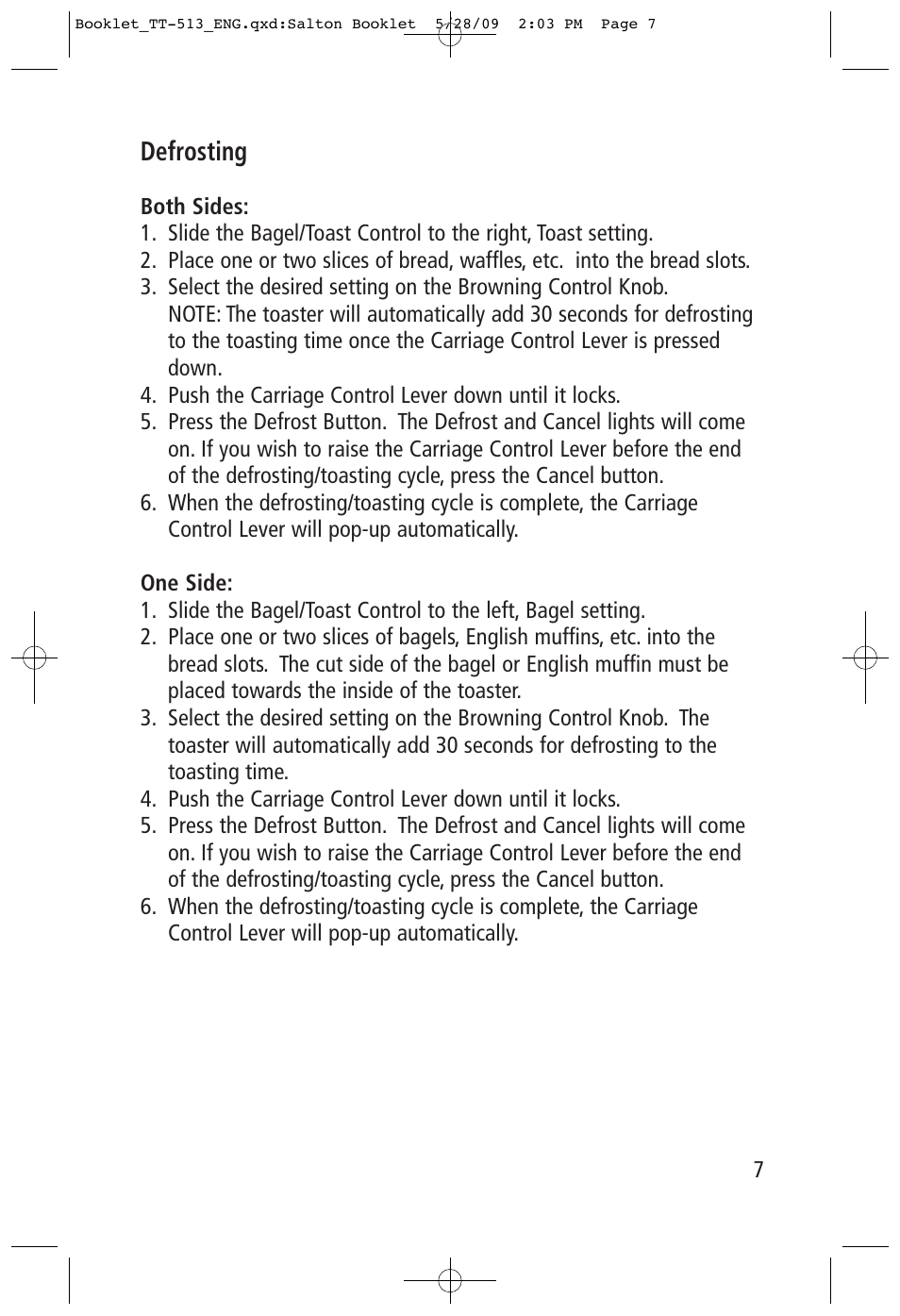 Defrosting | Toastess Intelligent Countdown TT-513 User Manual | Page 7 / 10