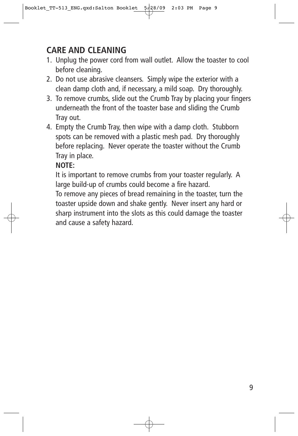 Care and cleaning | Toastess Intelligent Countdown TT-513 User Manual | Page 9 / 10