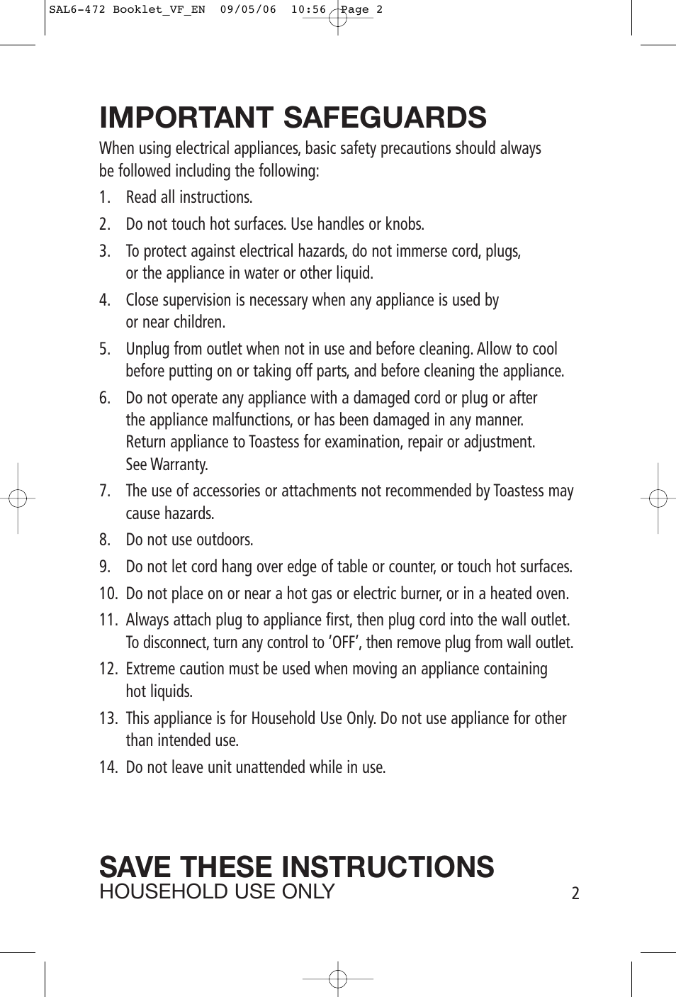 Important safeguards, Save these instructions | Toastess TFC-343 User Manual | Page 2 / 6