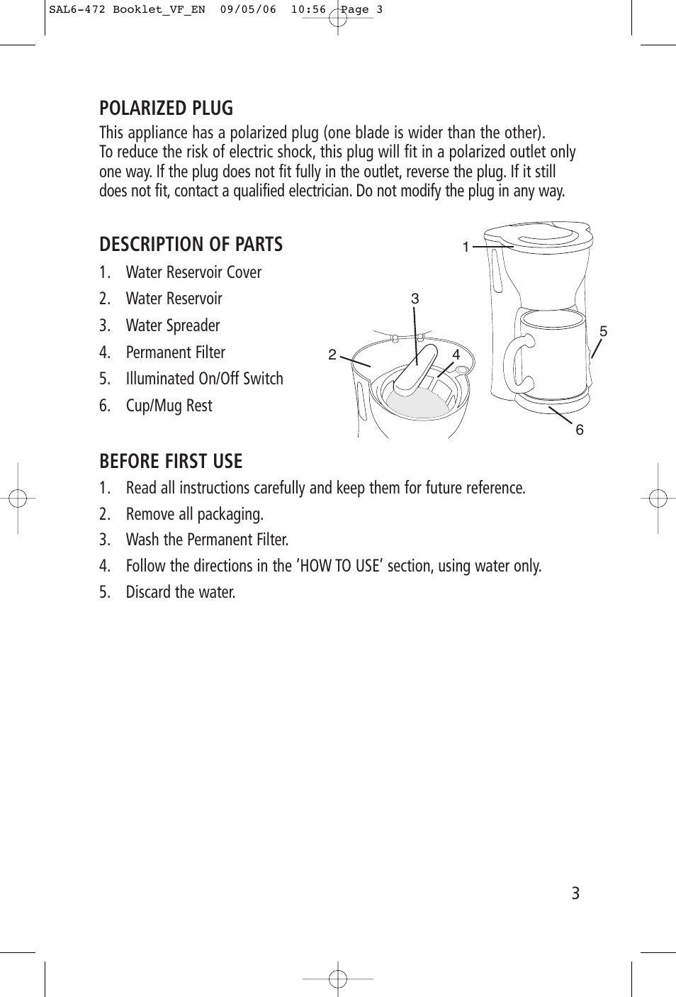 Polarized plug, Description of parts, Before first use | Toastess TFC-343 User Manual | Page 3 / 6
