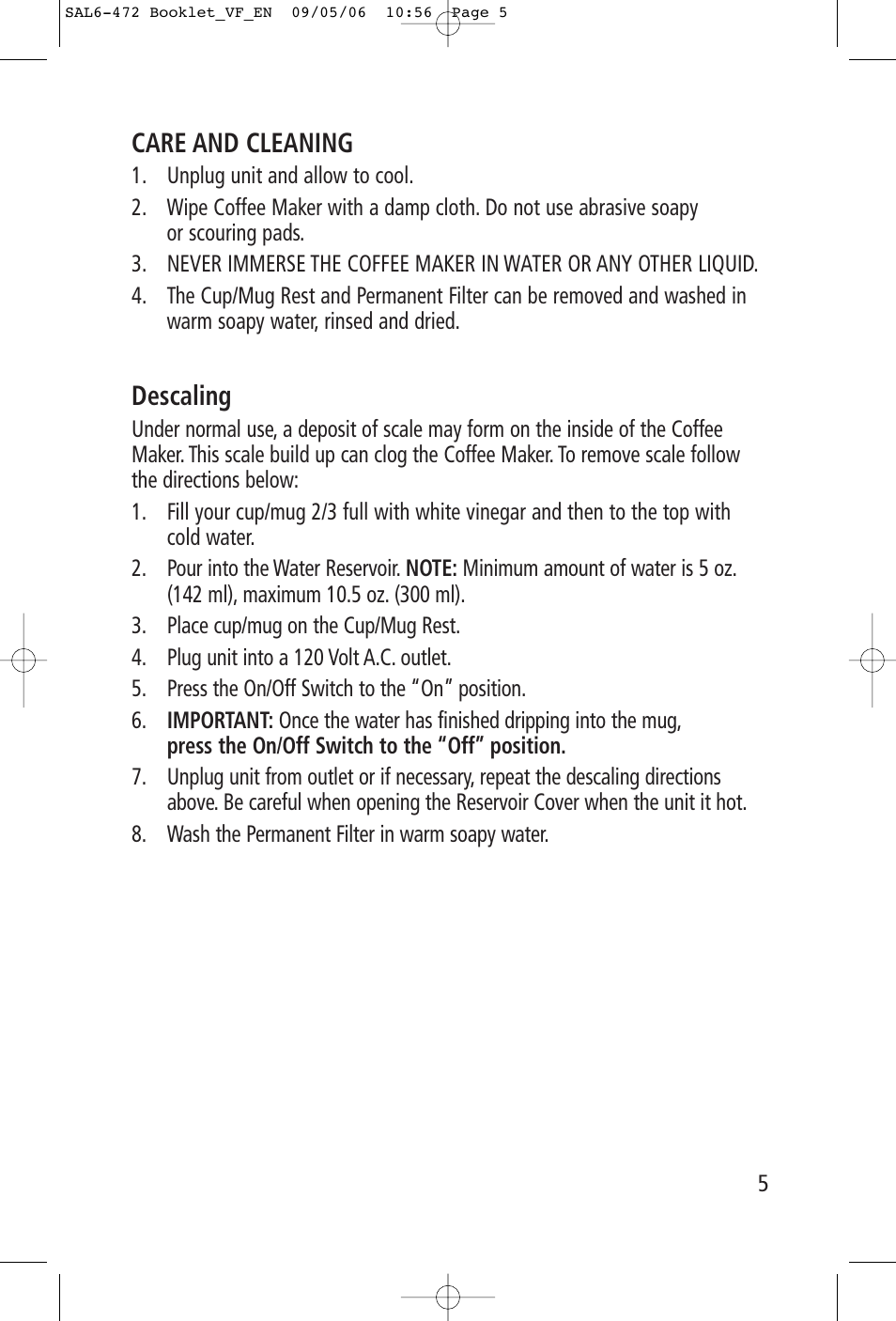 Care and cleaning, Descaling | Toastess TFC-343 User Manual | Page 5 / 6