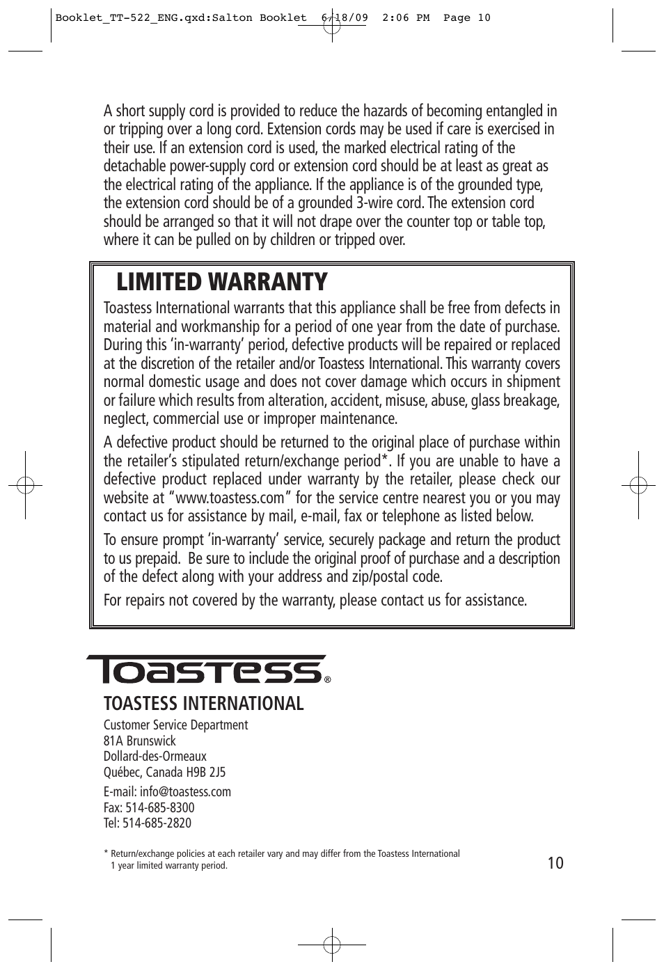 Limited warranty, Toastess international | Toastess Intelligent Countdown tt-522 User Manual | Page 10 / 10