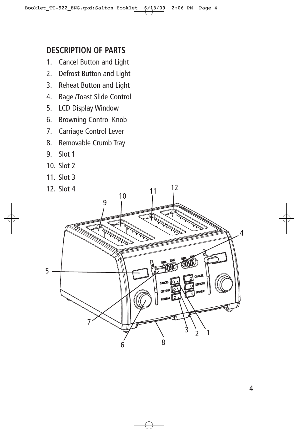 Description of parts | Toastess Intelligent Countdown tt-522 User Manual | Page 4 / 10