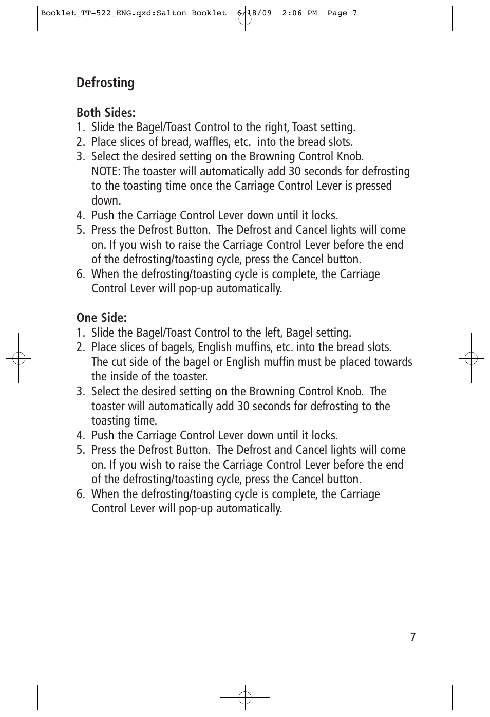 Defrosting | Toastess Intelligent Countdown tt-522 User Manual | Page 7 / 10