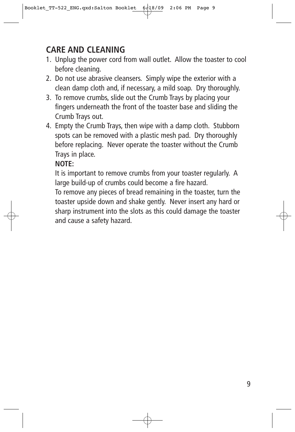 Care and cleaning | Toastess Intelligent Countdown tt-522 User Manual | Page 9 / 10