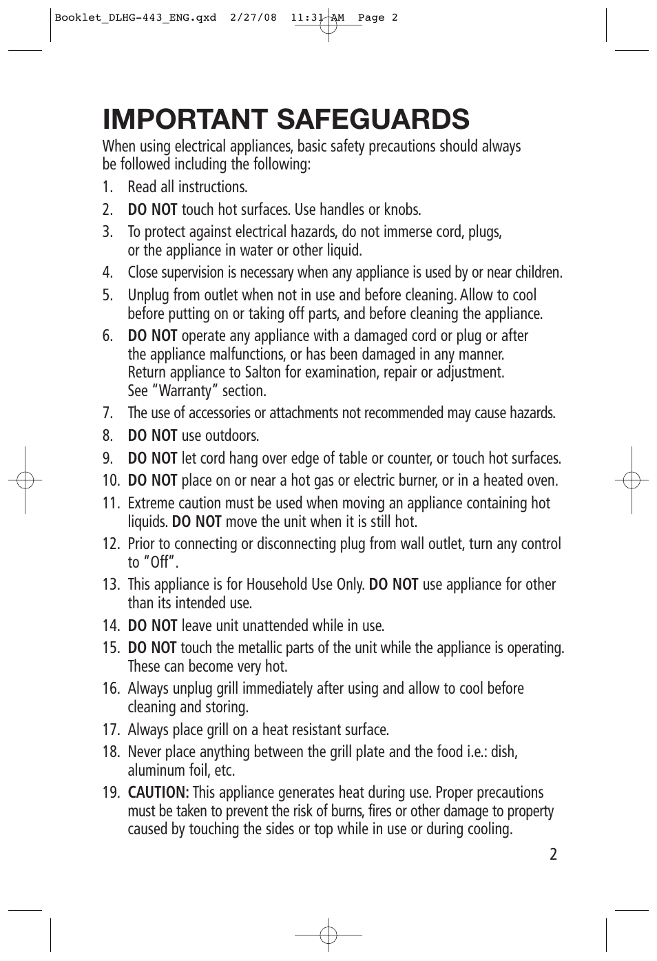 Important safeguards | Toastess Delfino Reversible Health Grill and Griddle DLHG-443 User Manual | Page 2 / 7