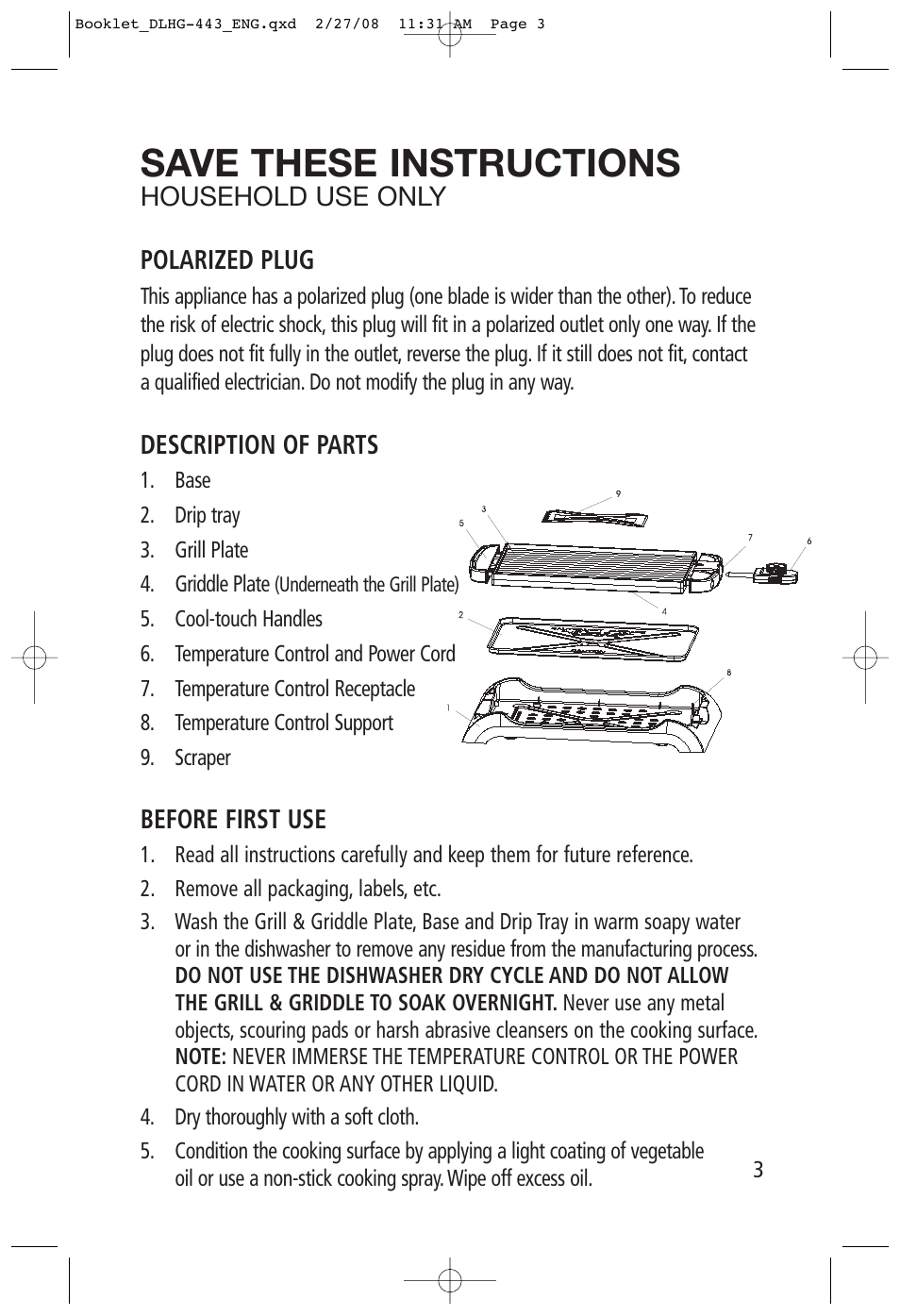 Save these instructions | Toastess Delfino Reversible Health Grill and Griddle DLHG-443 User Manual | Page 3 / 7