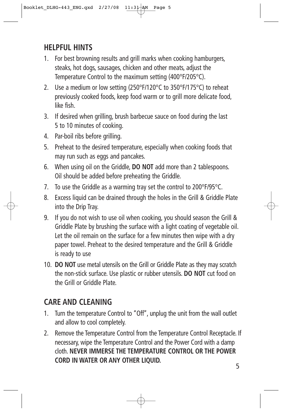 Helpful hints, Care and cleaning | Toastess Delfino Reversible Health Grill and Griddle DLHG-443 User Manual | Page 5 / 7