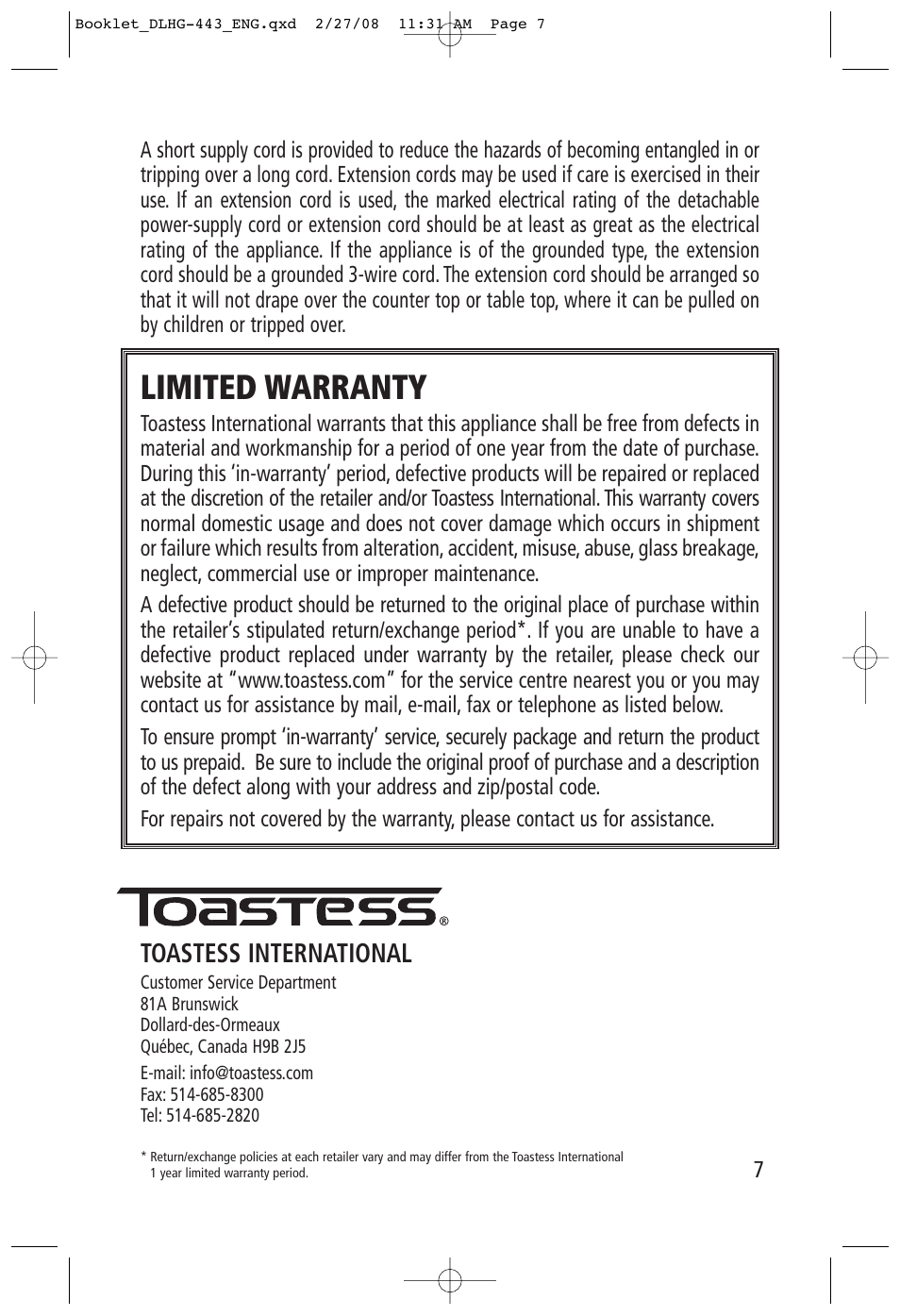 Limited warranty, Toastess international | Toastess Delfino Reversible Health Grill and Griddle DLHG-443 User Manual | Page 7 / 7