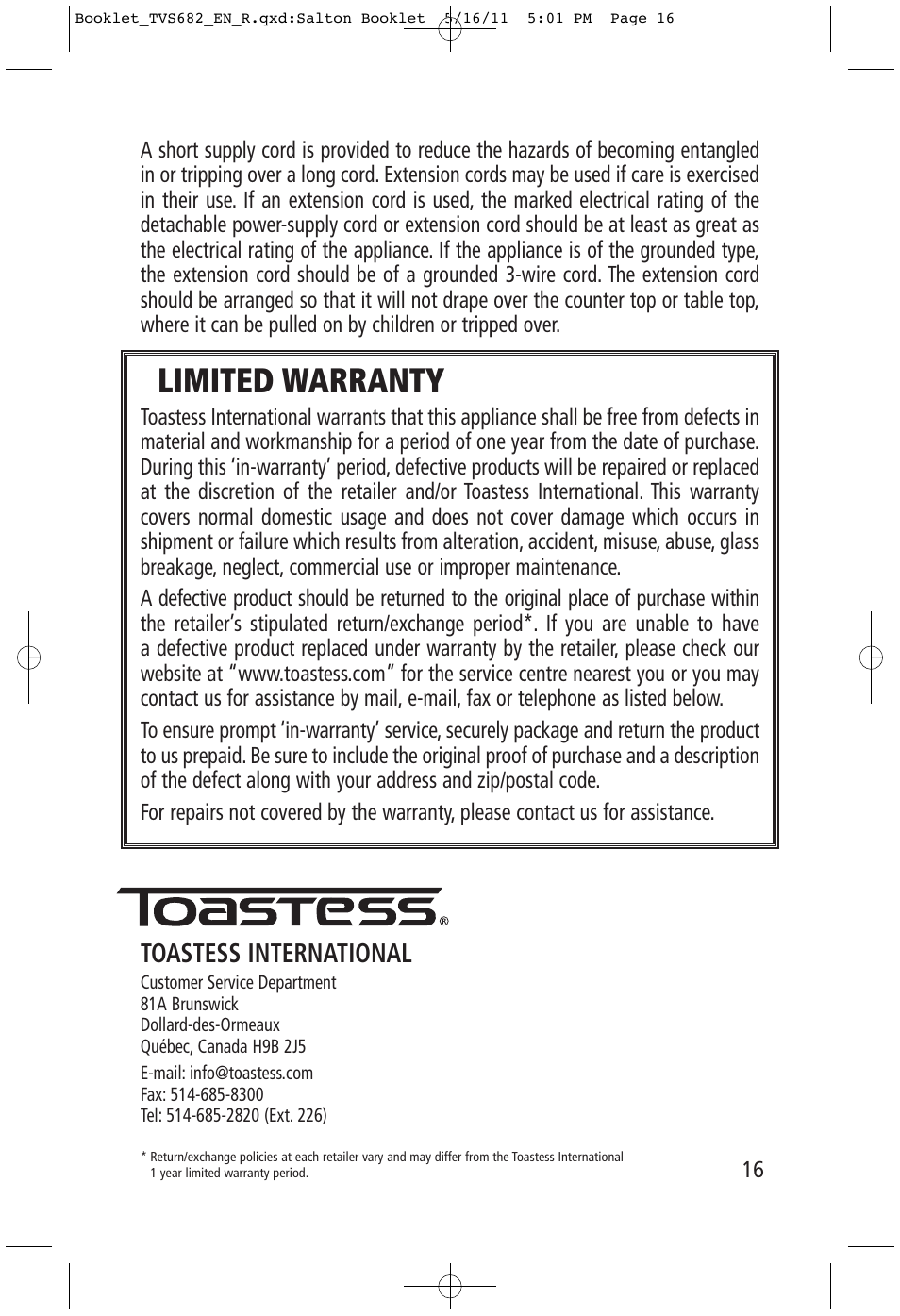 Limited warranty, Toastess international | Toastess Food Steamer & Rice Cooker TVS682 User Manual | Page 16 / 16