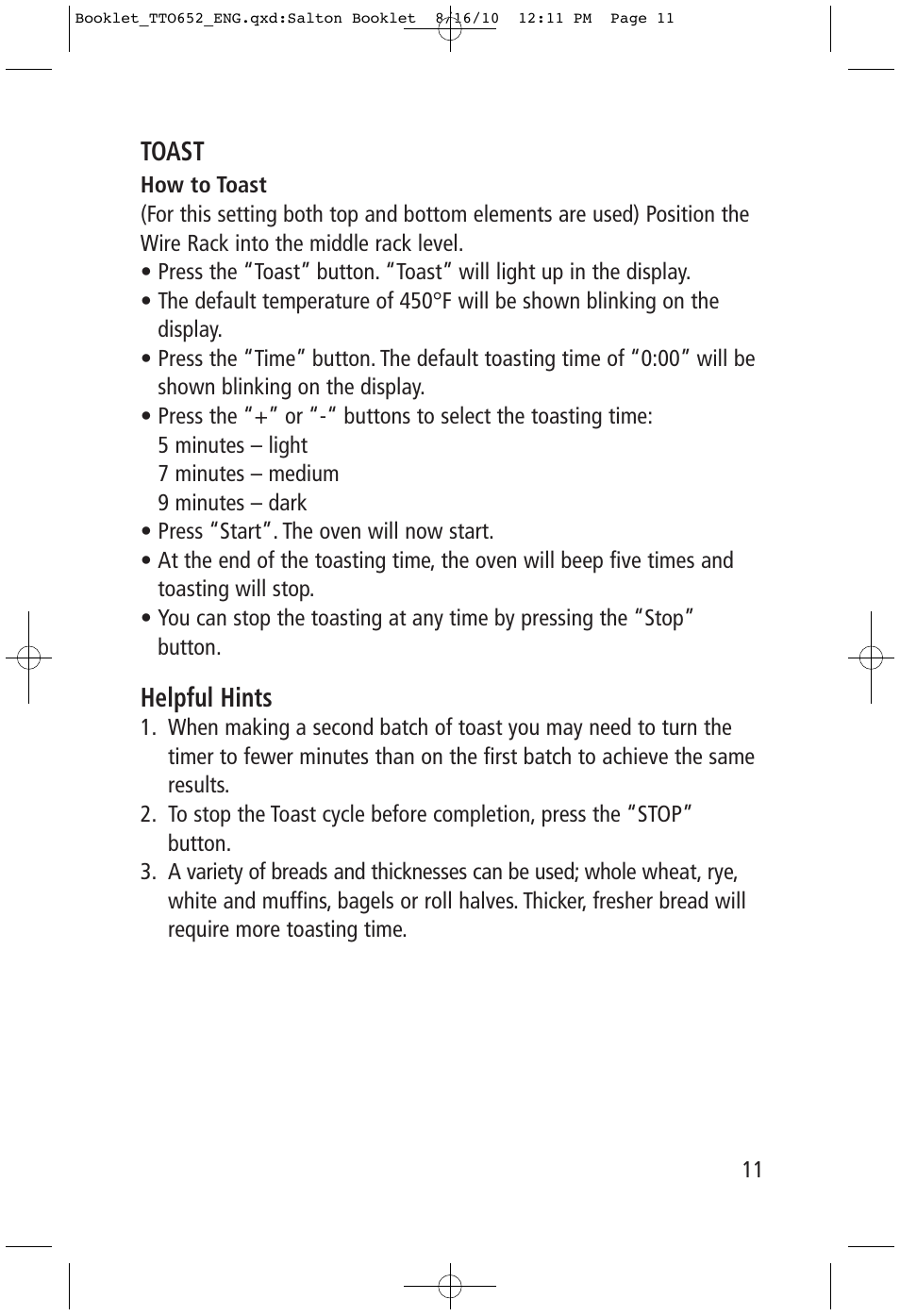 Toast, Helpful hints | Toastess Carousel Convection Oven/Broiler TTO652 User Manual | Page 11 / 17