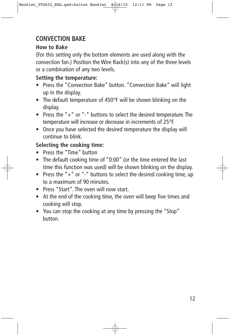 Convection bake | Toastess Carousel Convection Oven/Broiler TTO652 User Manual | Page 12 / 17