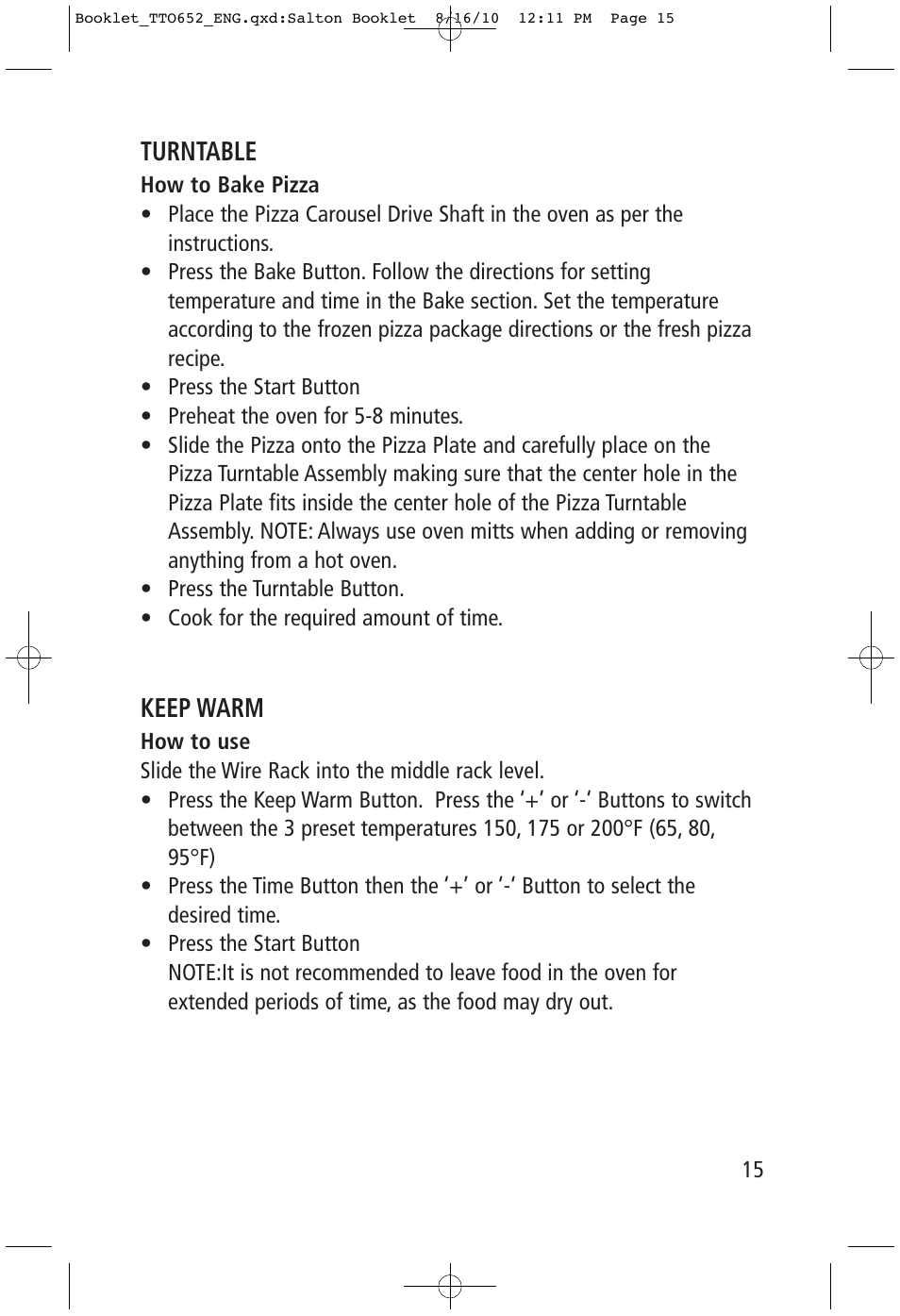 Turntable, Keep warm | Toastess Carousel Convection Oven/Broiler TTO652 User Manual | Page 15 / 17