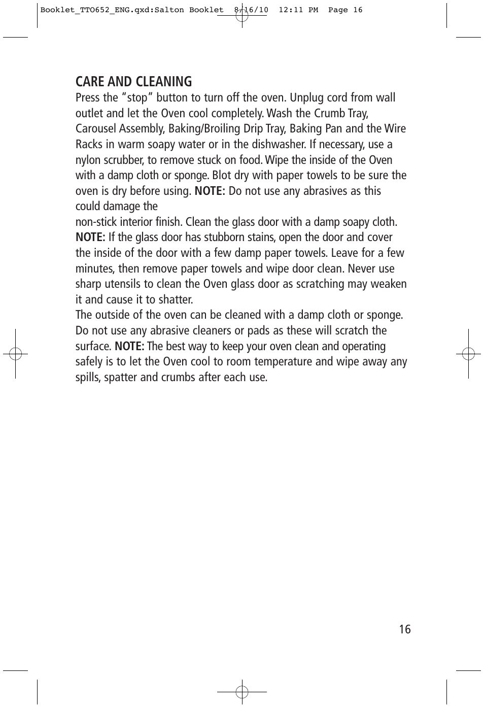 Care and cleaning | Toastess Carousel Convection Oven/Broiler TTO652 User Manual | Page 16 / 17