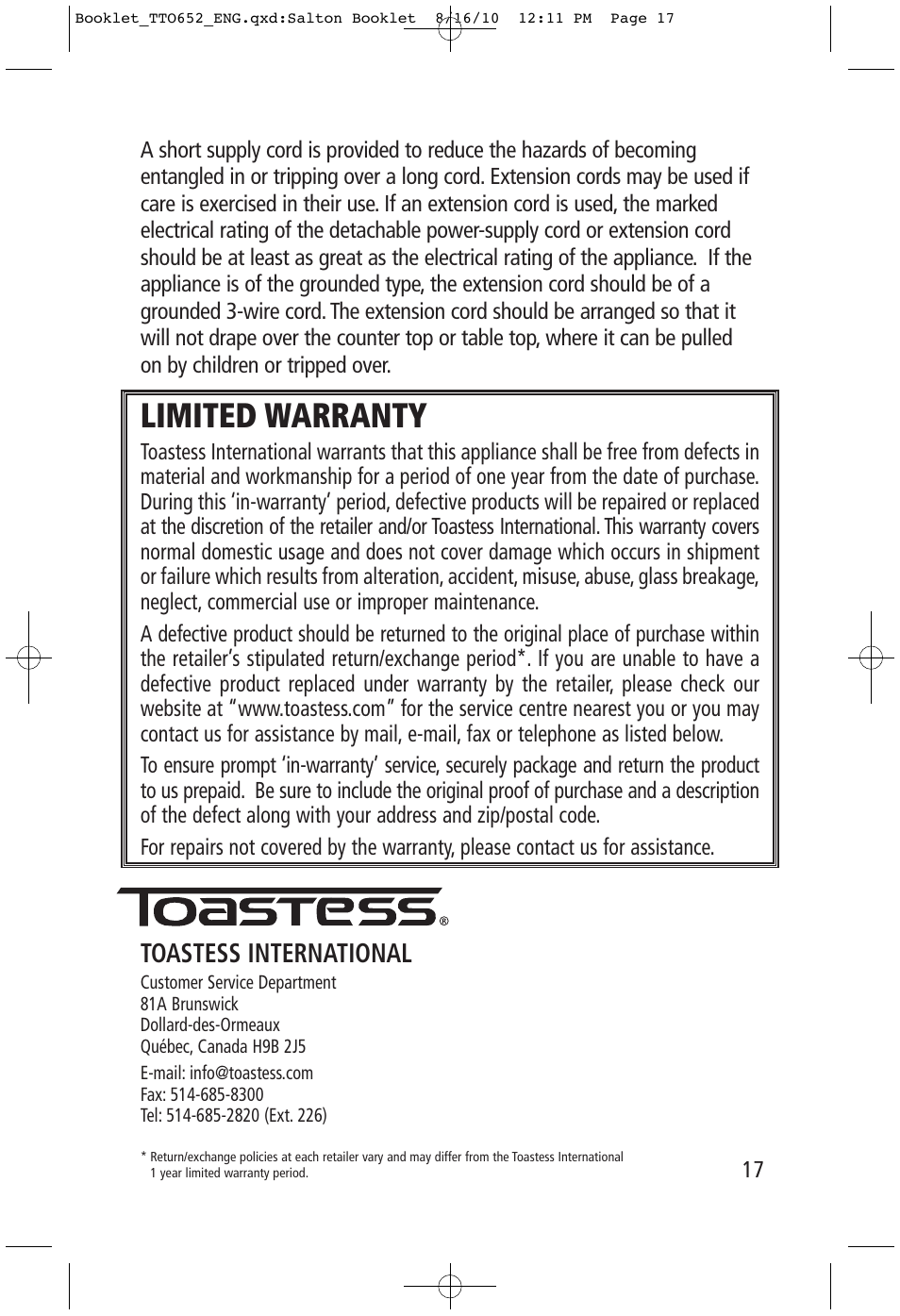 Limited warranty, Toastess international | Toastess Carousel Convection Oven/Broiler TTO652 User Manual | Page 17 / 17