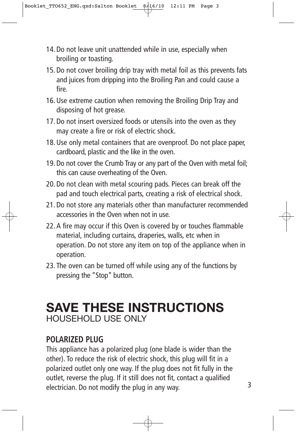 Save these instructions | Toastess Carousel Convection Oven/Broiler TTO652 User Manual | Page 3 / 17