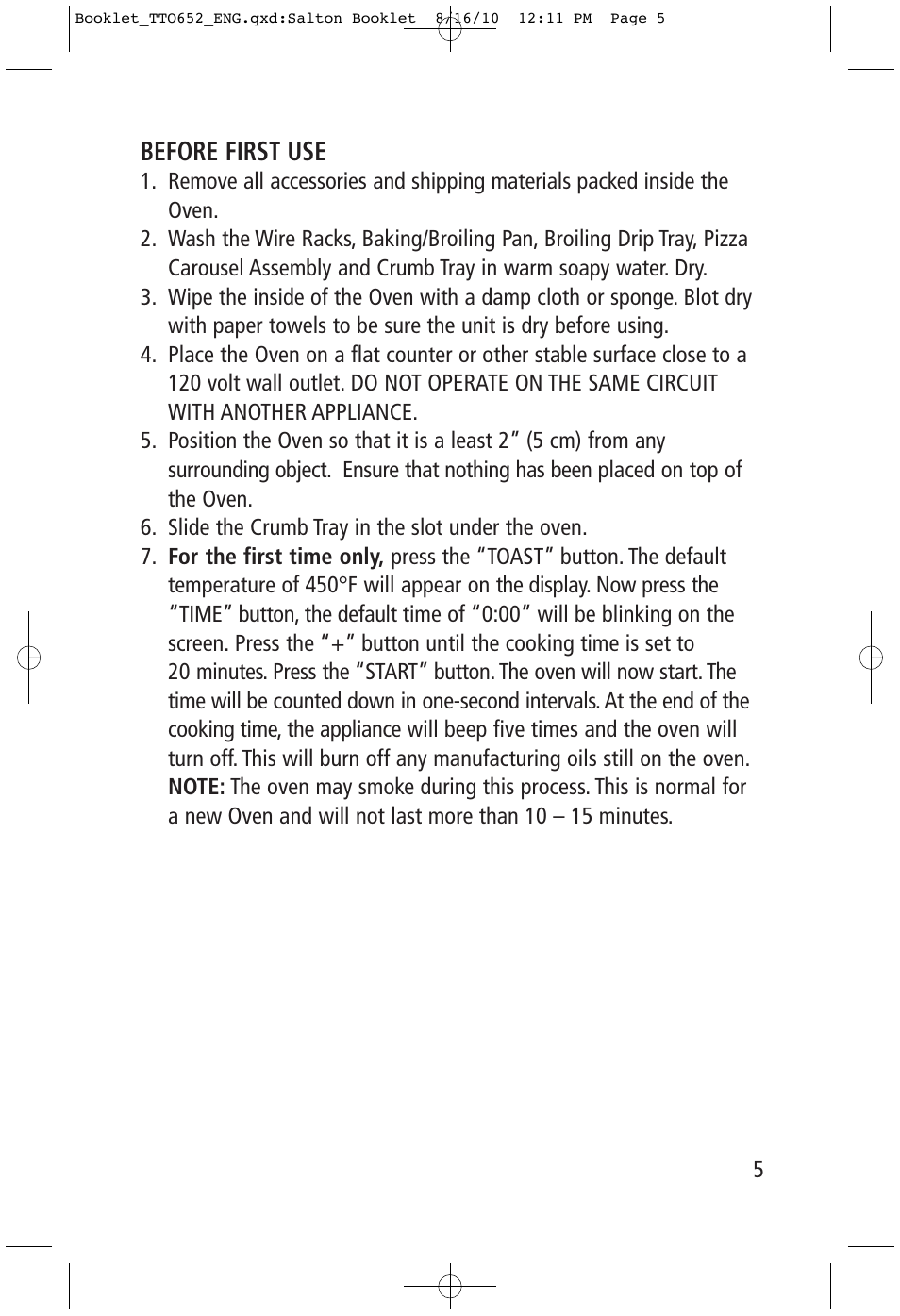 Before first use | Toastess Carousel Convection Oven/Broiler TTO652 User Manual | Page 5 / 17