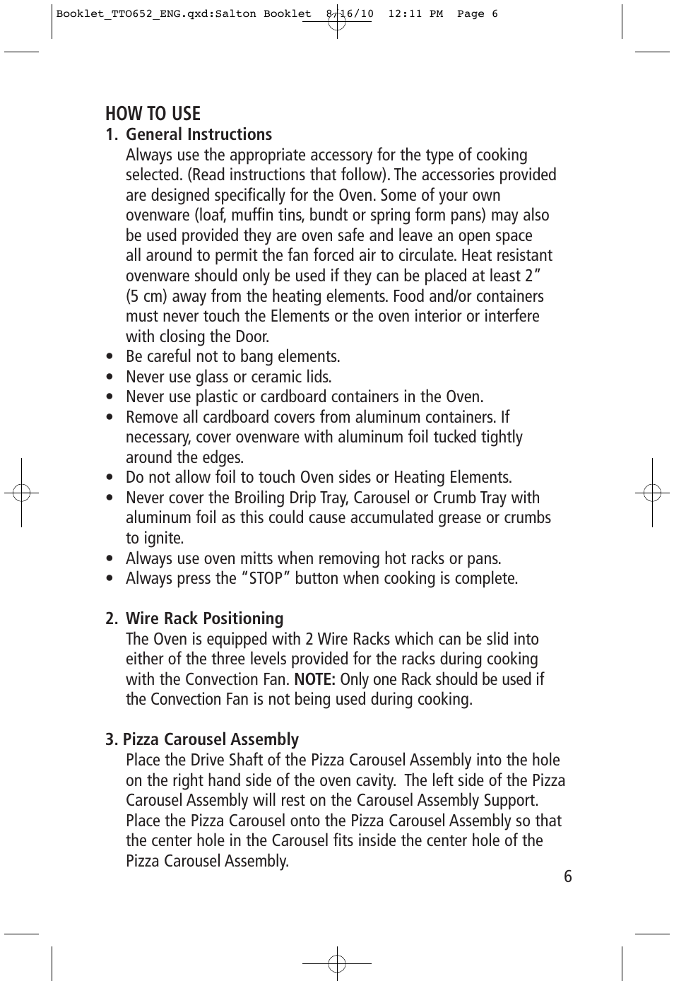 How to use | Toastess Carousel Convection Oven/Broiler TTO652 User Manual | Page 6 / 17