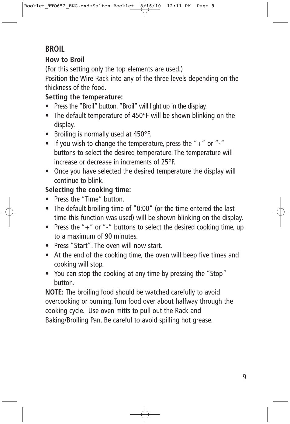 Broil | Toastess Carousel Convection Oven/Broiler TTO652 User Manual | Page 9 / 17