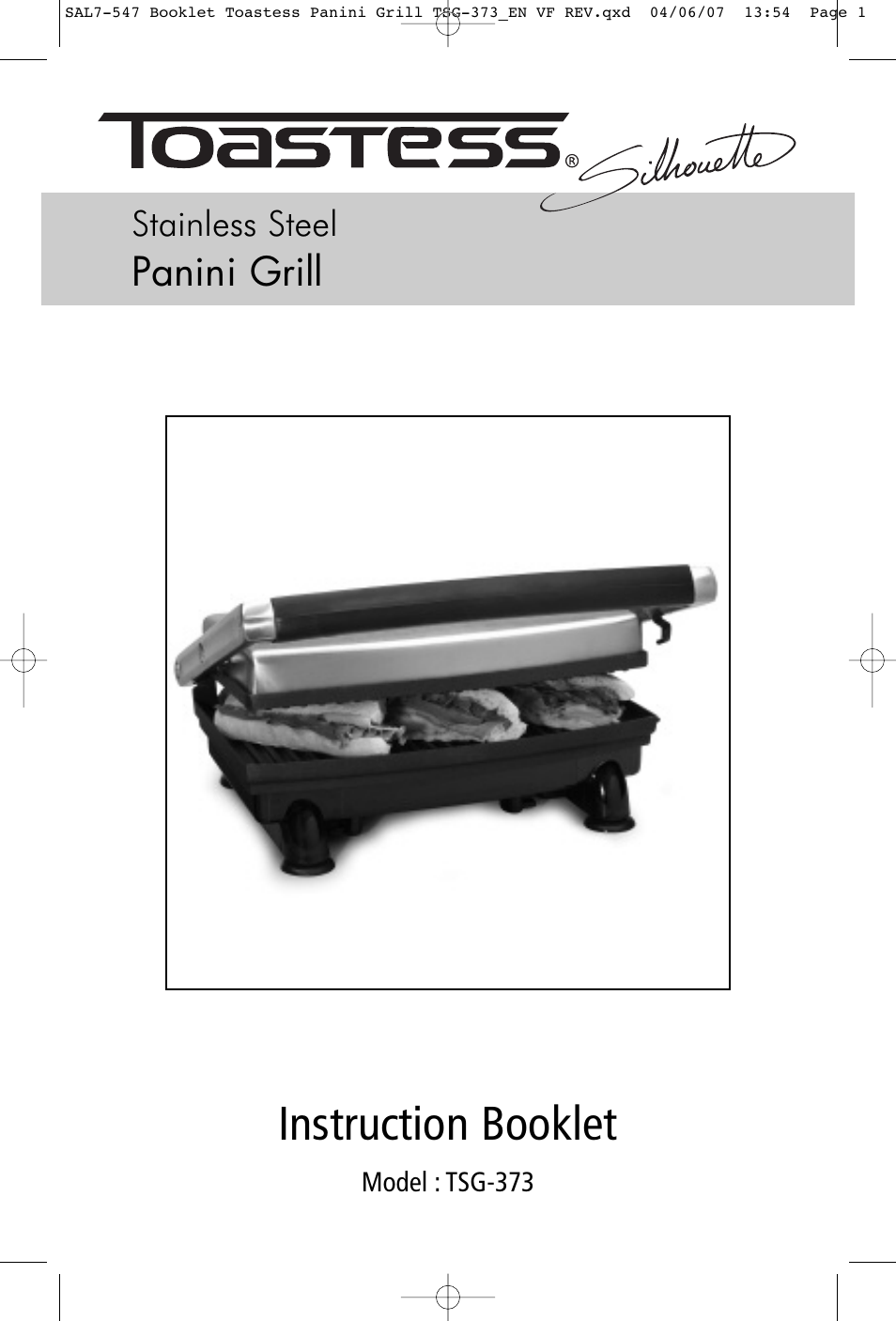 Toastess Classic Stainless Steel Panini Grill TSG-373 User Manual | 8 pages