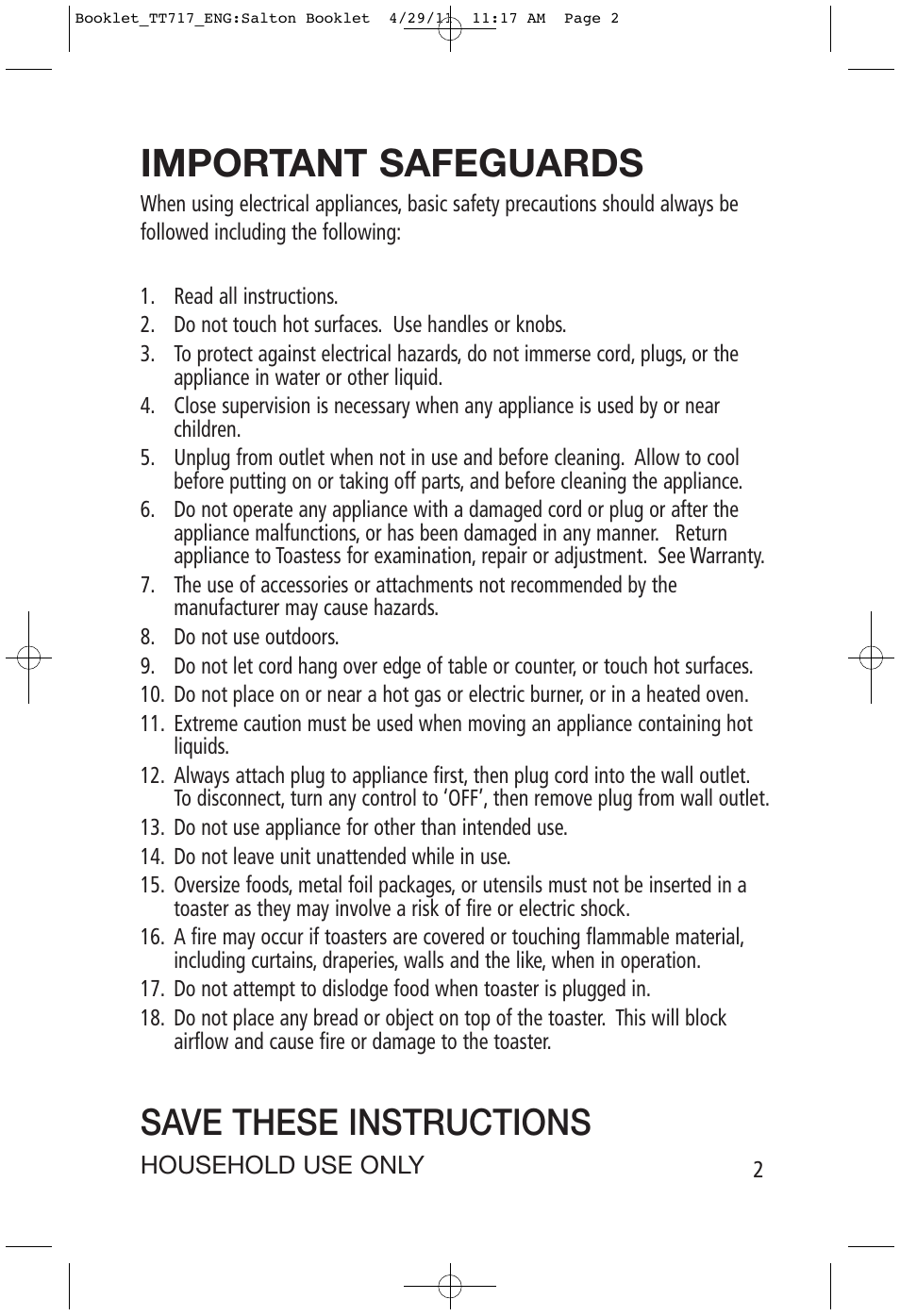 Important safeguards, Save these instructions | Toastess Electronic TT717 User Manual | Page 2 / 7