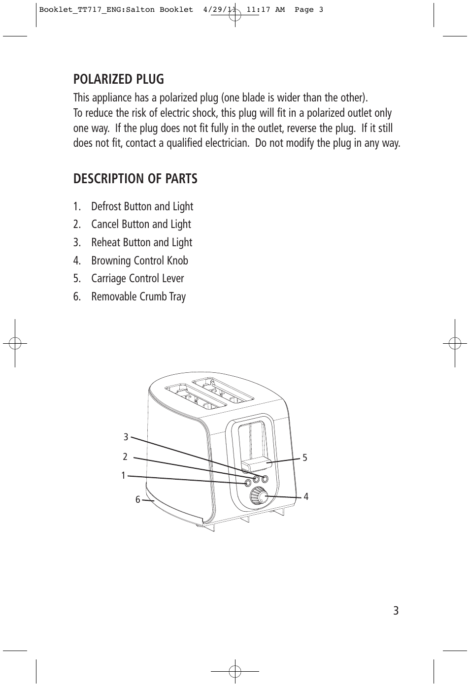 Polarized plug, Description of parts | Toastess Electronic TT717 User Manual | Page 3 / 7