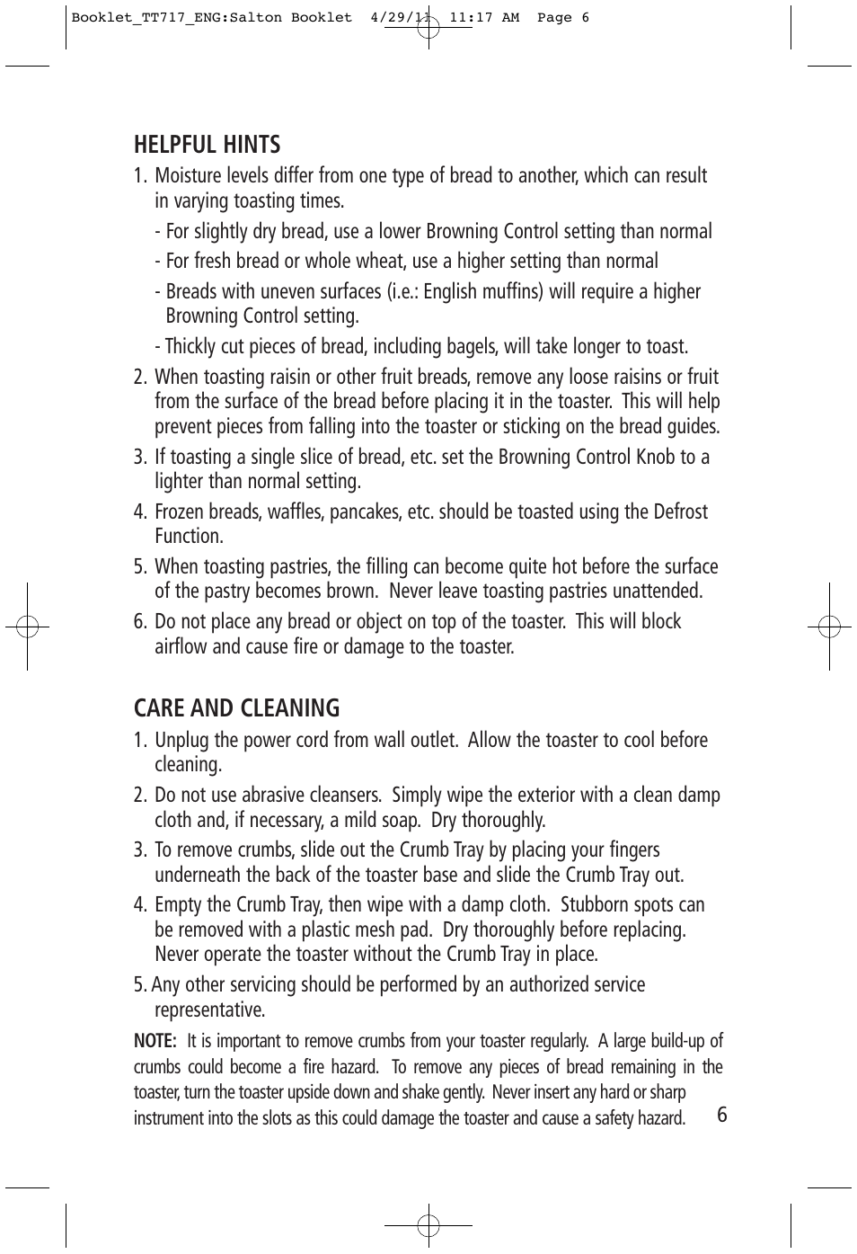 Helpful hints, Care and cleaning | Toastess Electronic TT717 User Manual | Page 6 / 7