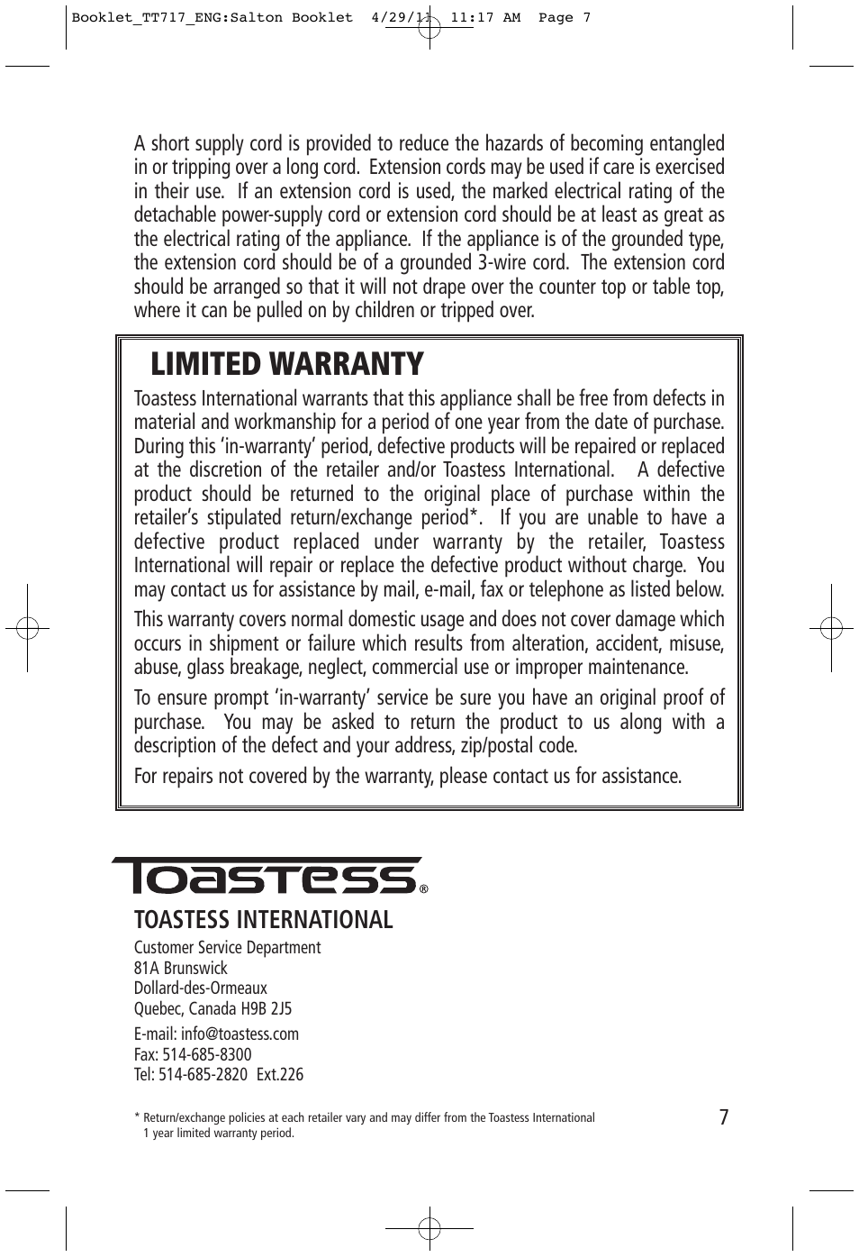 Limited warranty, Toastess international | Toastess Electronic TT717 User Manual | Page 7 / 7