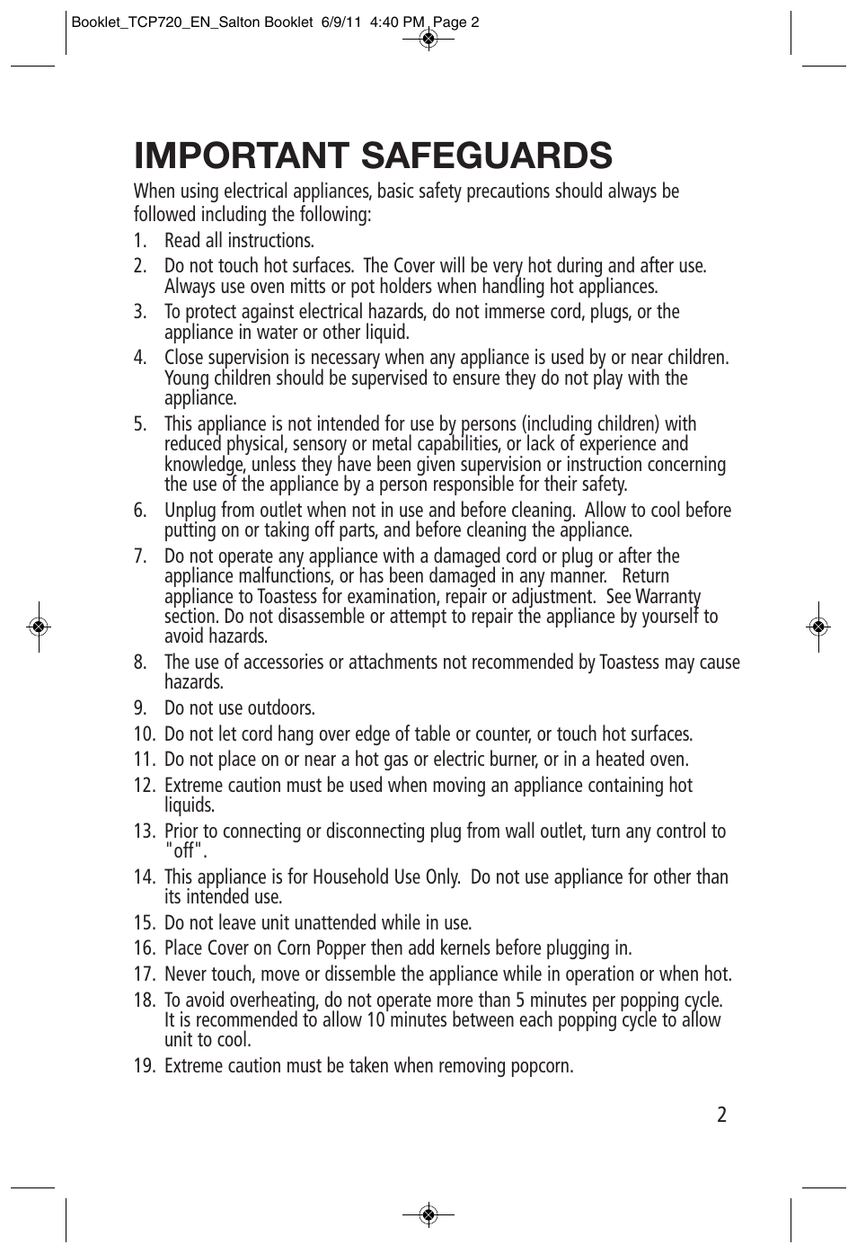 Important safeguards | Toastess Cinema Popper TCP720 User Manual | Page 2 / 6