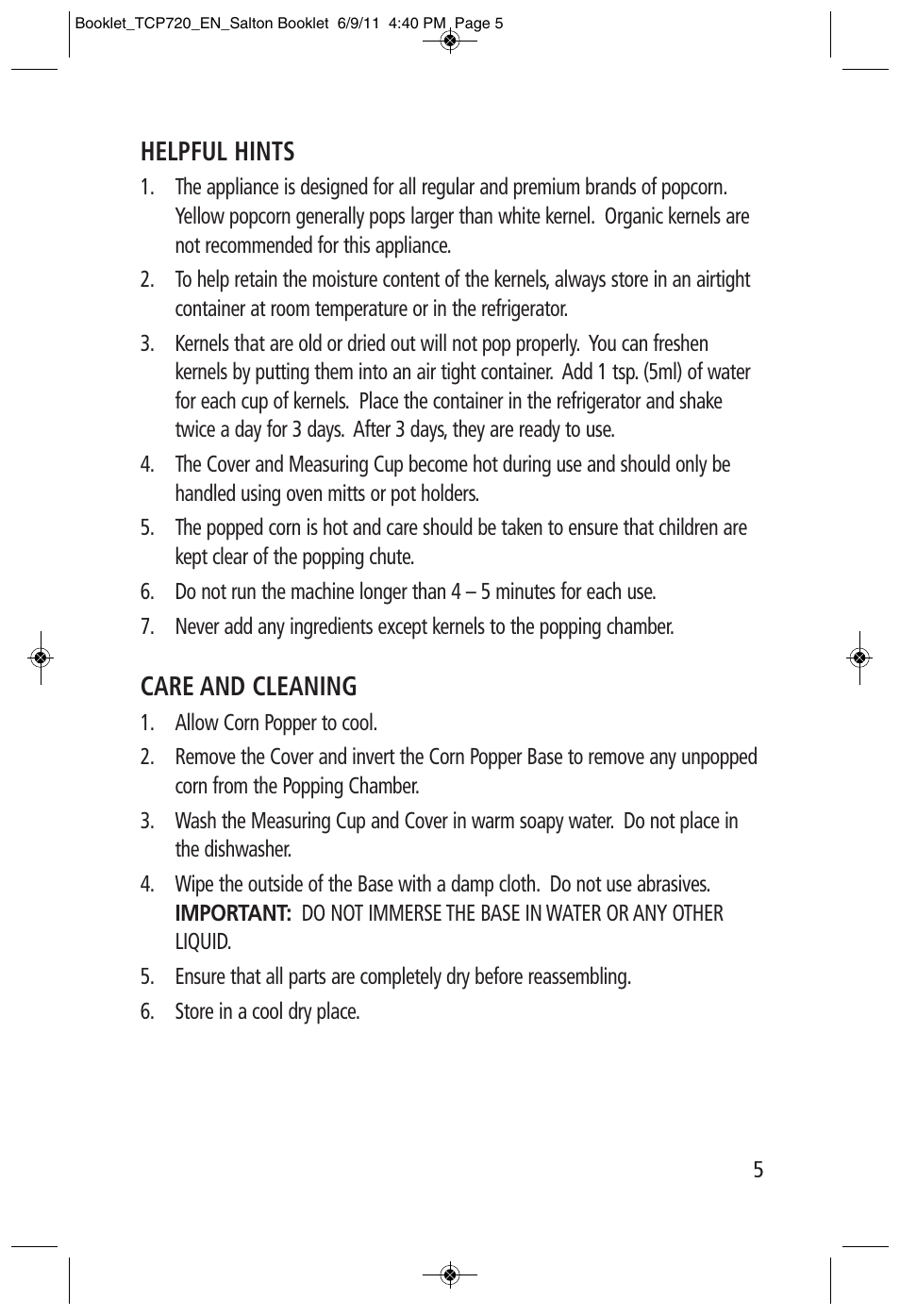 Helpful hints, Care and cleaning | Toastess Cinema Popper TCP720 User Manual | Page 5 / 6