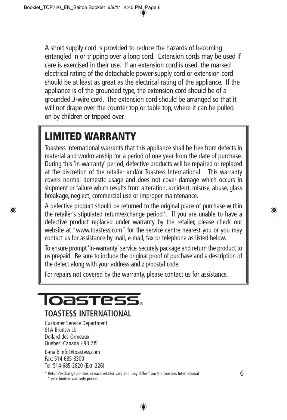 Limited warranty, Toastess international | Toastess Cinema Popper TCP720 User Manual | Page 6 / 6